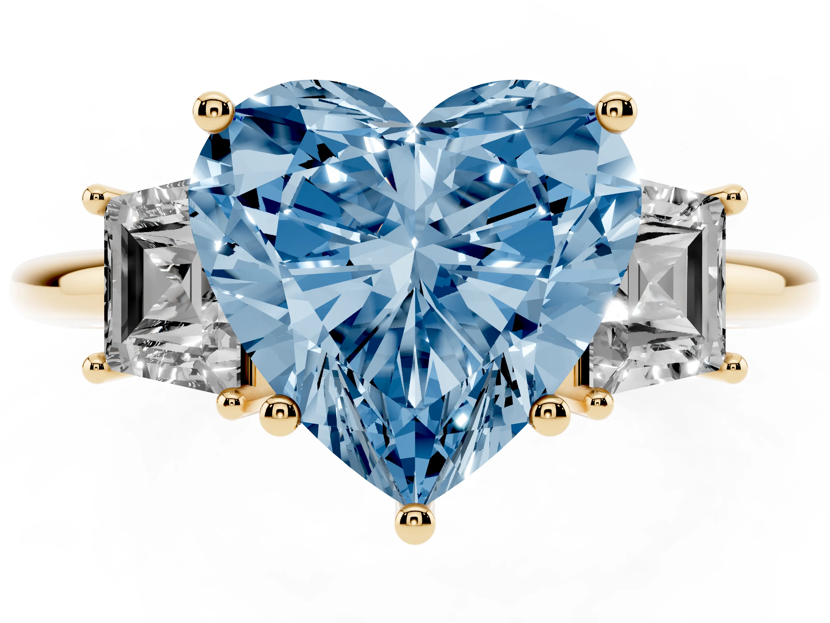 Fancy Blue Heart Cut Diamond Three-Stone Ring Set in Yellow gold with Trapezoid Side Stones and Prong Setting