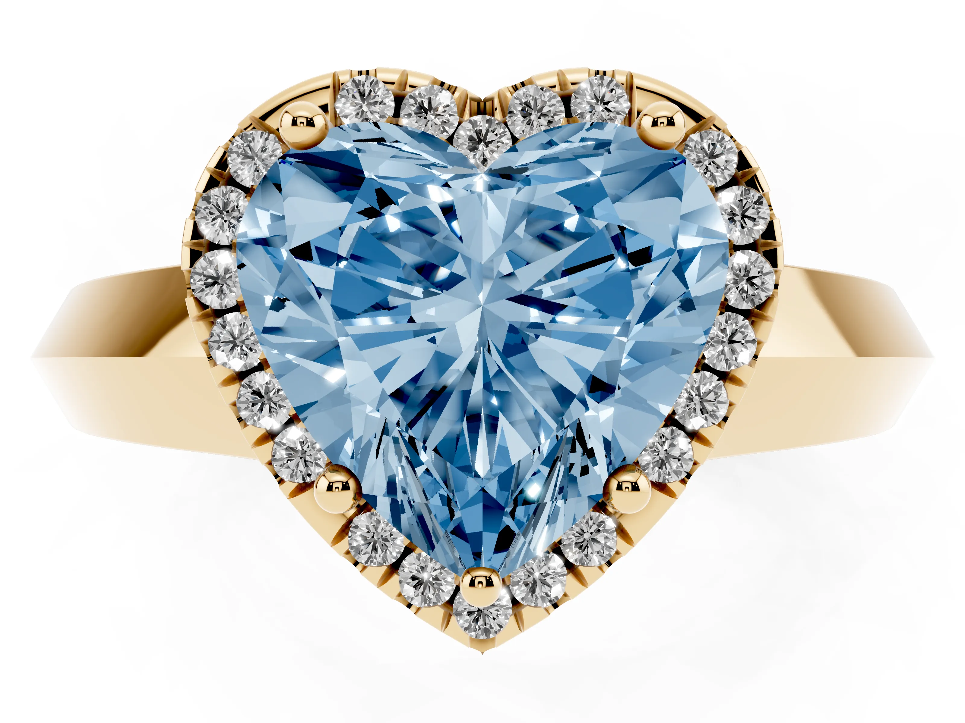 Fancy Blue Heart Cut Diamond Halo Ring Set in Yellow gold with Cathedral Band and Prong Setting
