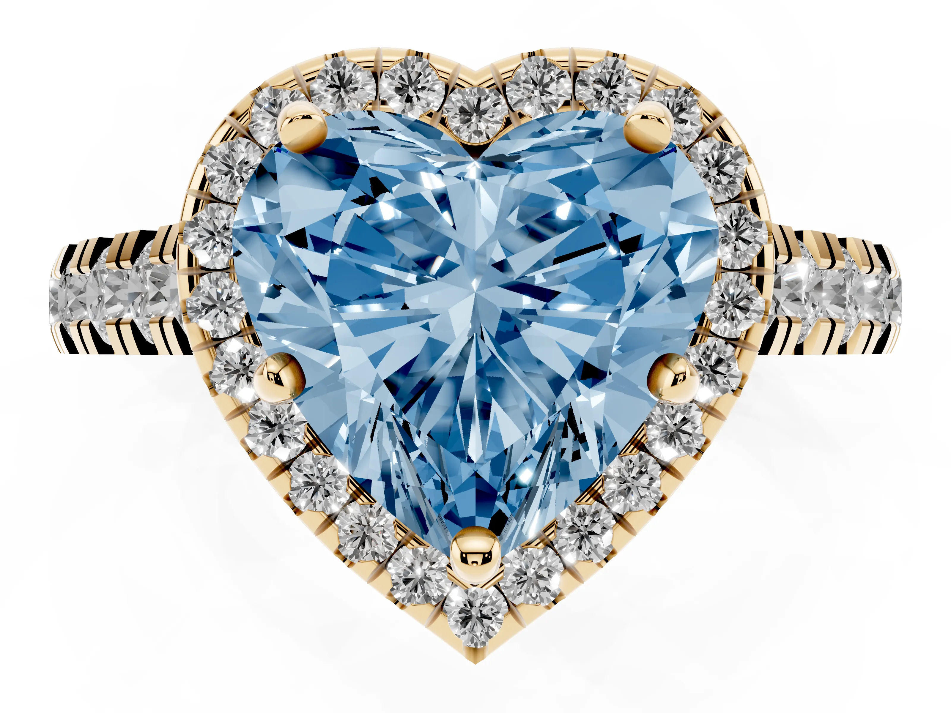 Fancy Blue Heart Cut Diamond Halo Engagement Ring Set in Yellow gold with Pavé Band and Prong-Set Center