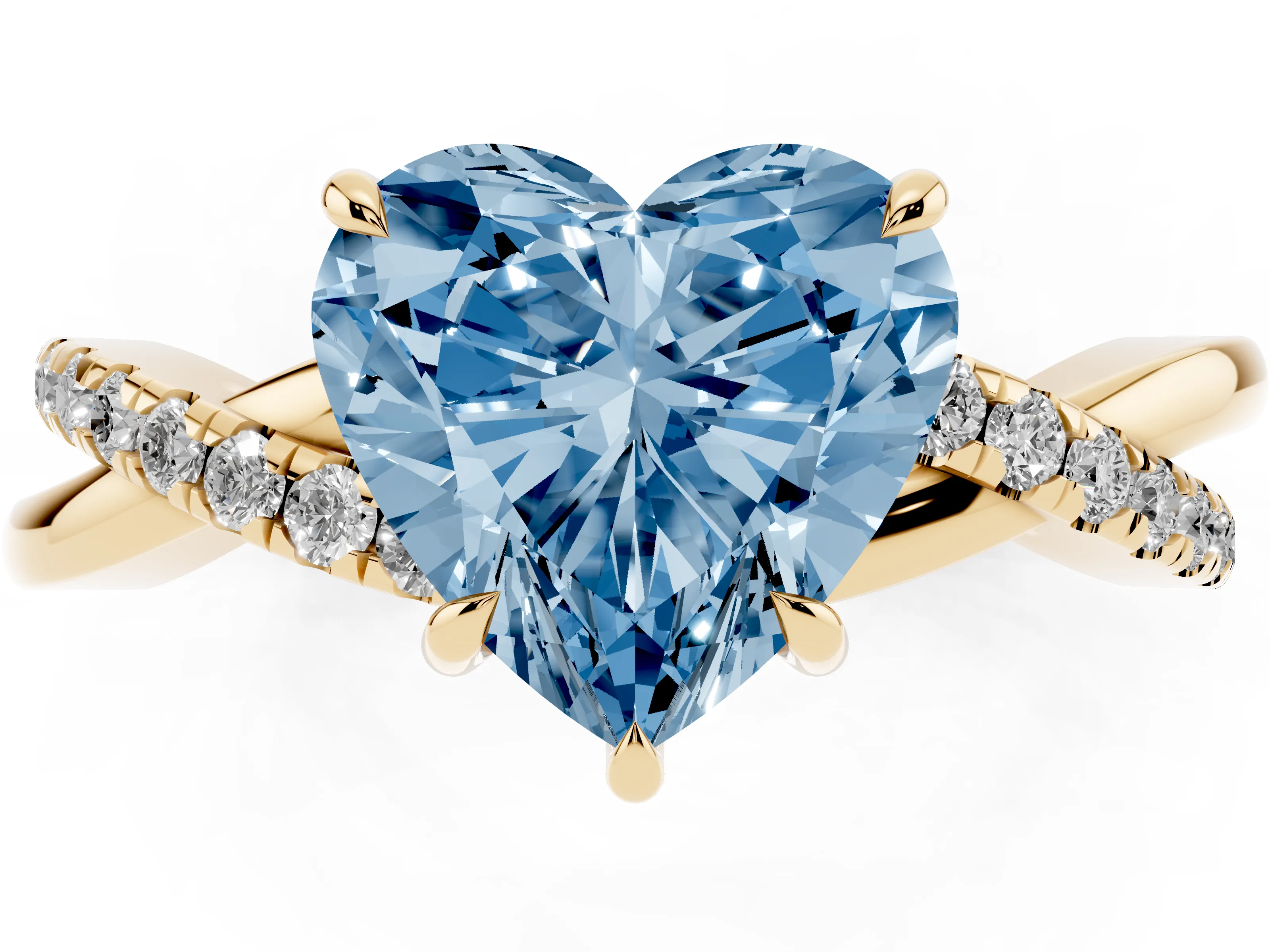 Fancy Blue Heart Cut Diamond Twisted Pavé Band Ring Set in Yellow gold with Prong Setting
