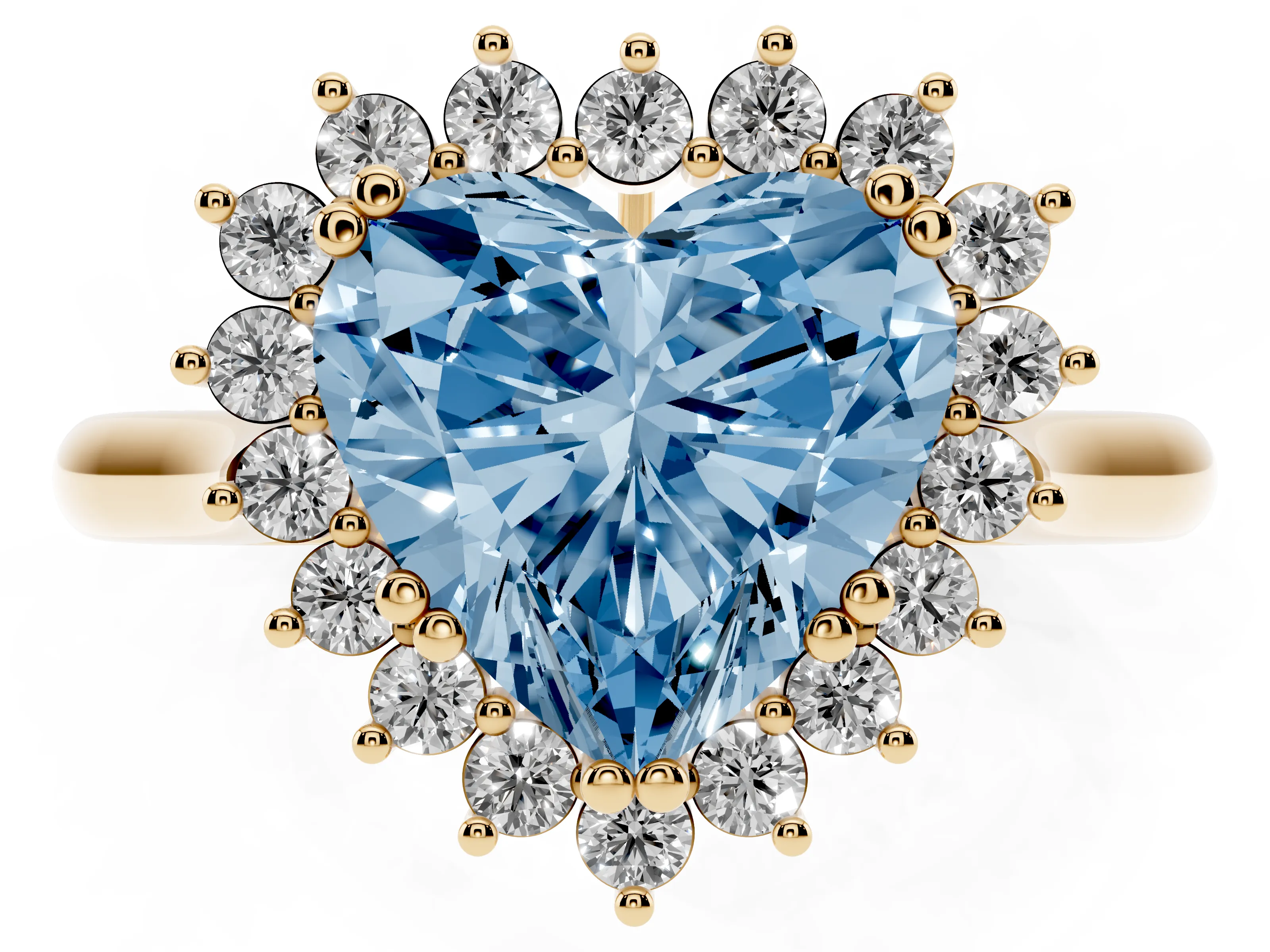 Fancy Blue Heart Cut Diamond Halo Ring Set in Yellow gold with Plain Solitaire Band and Prong Setting