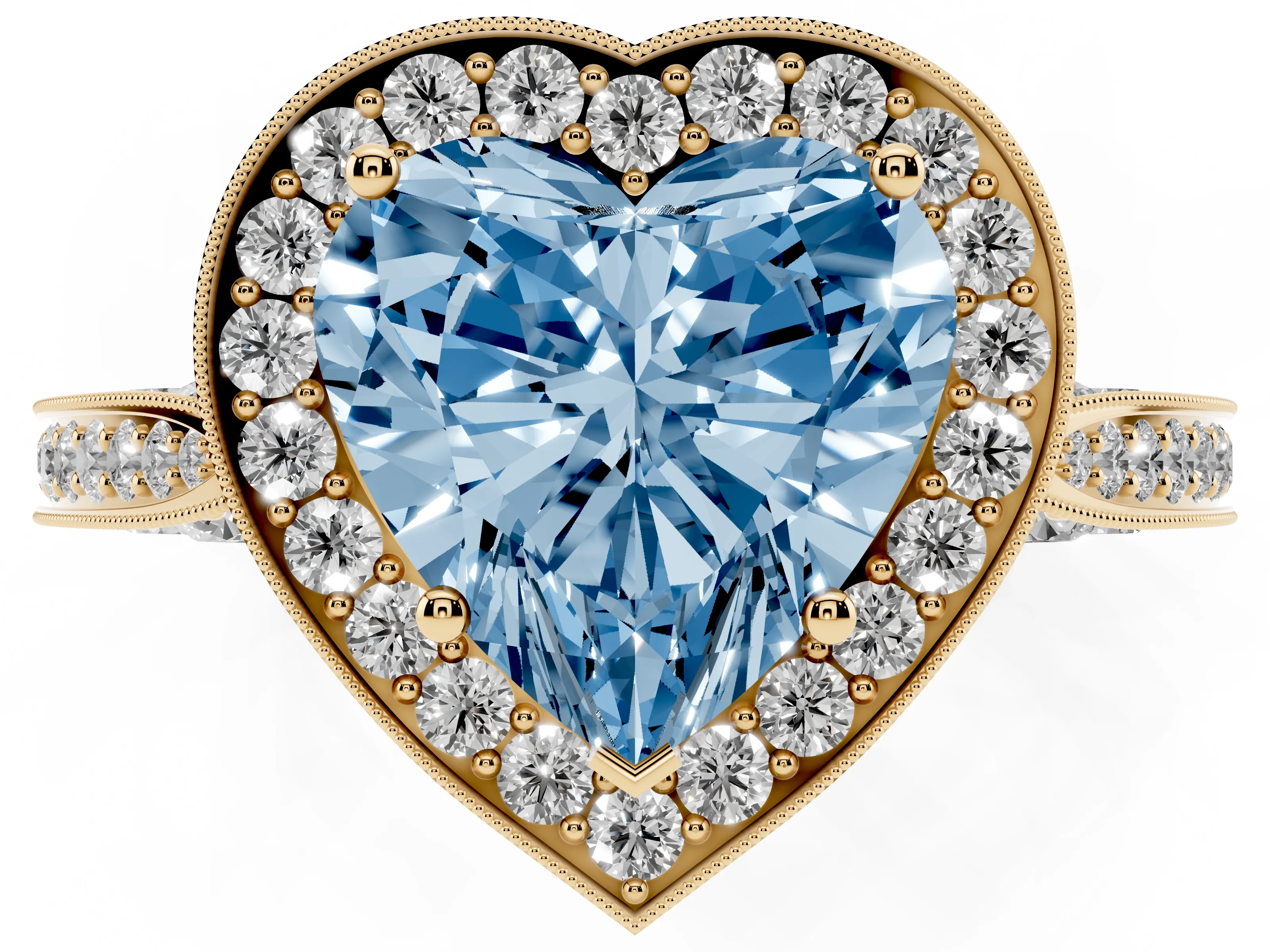 Fancy Blue Heart Cut Diamond Halo Engagement Ring Set in Yellow gold with Accent Split Shank Band