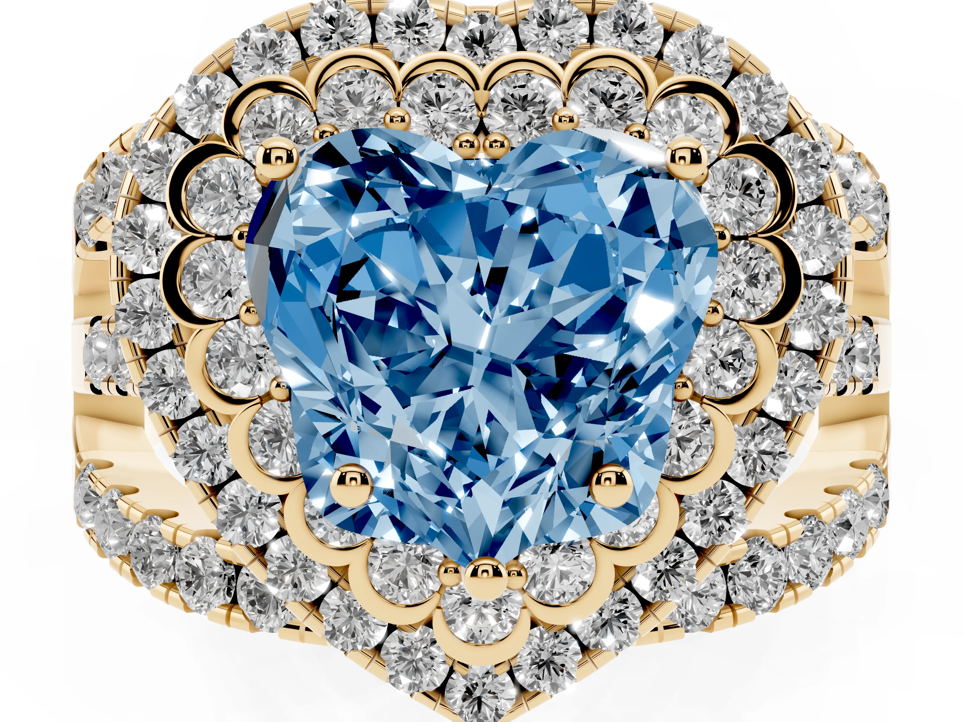 Fancy Blue Heart Cut Diamond Double Halo Ring Set in Yellow gold with Round Pavé Split Shank