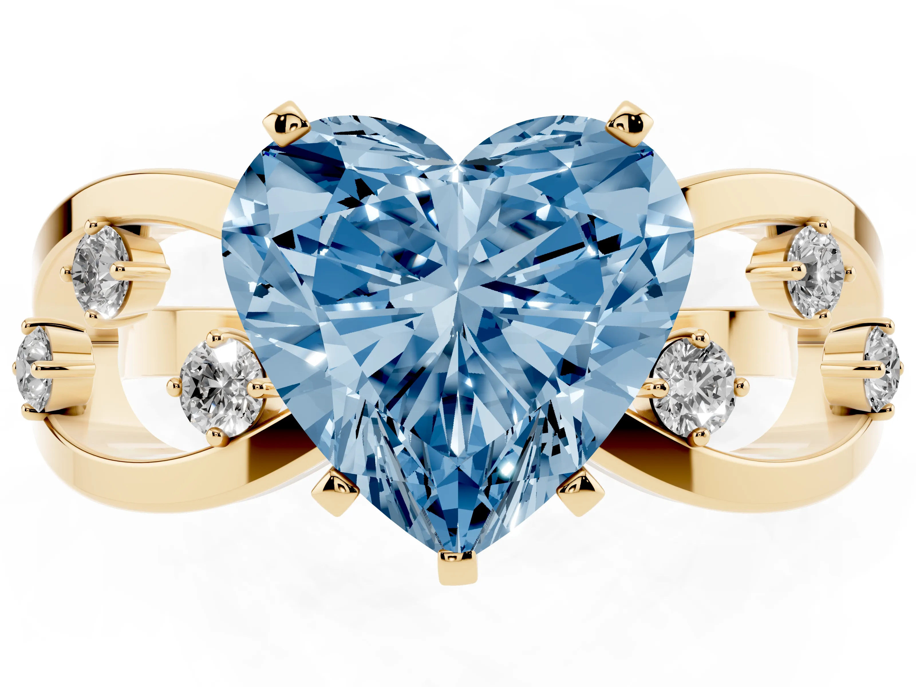 Fancy Blue Heart Cut Diamond Solitaire Ring Set in Yellow gold with Side Stones on Criss-Cross Band and Prong Setting