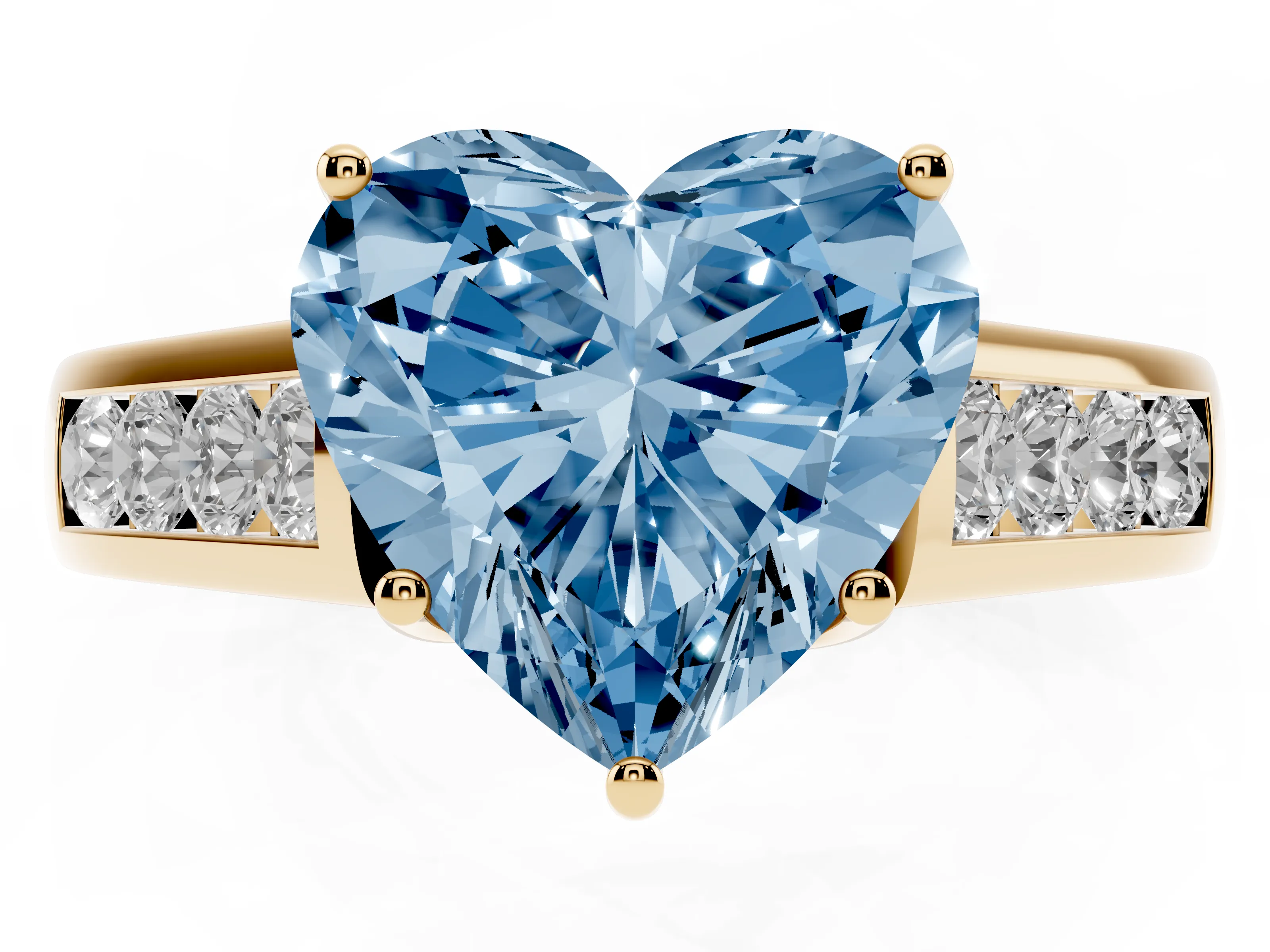 Fancy Blue Heart Cut Diamond Solitaire Channel-Set Engagement Ring Set in Yellow gold with Prong Setting