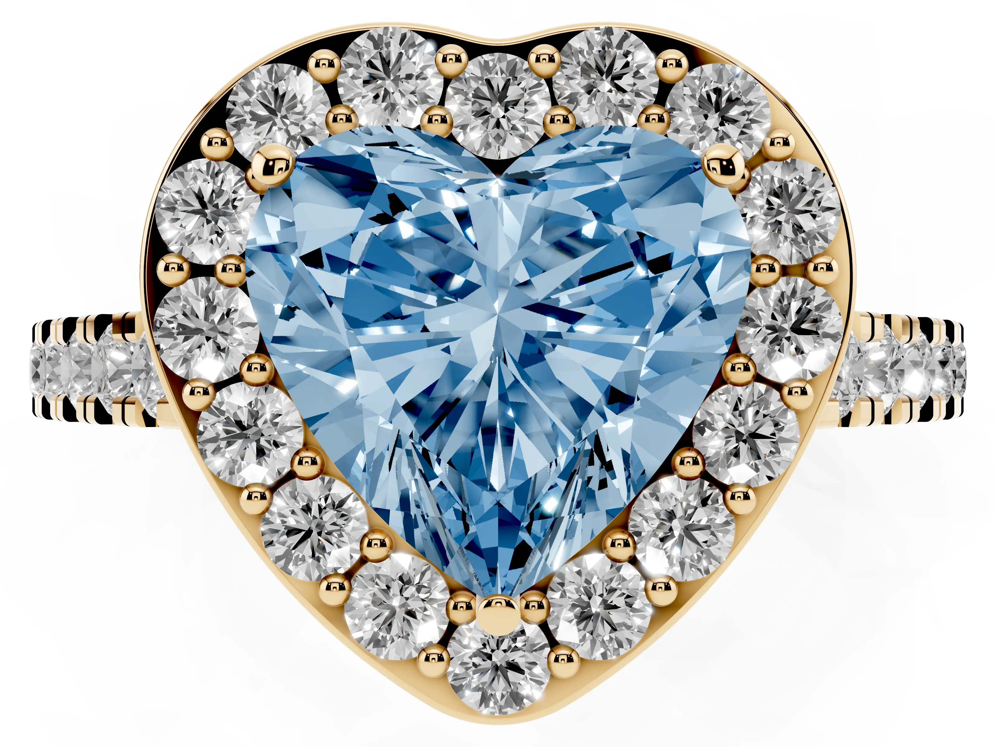 Fancy Blue Heart Cut Diamond Halo Ring Set in Yellow gold with Round Pavé Split Shank and Prong Setting