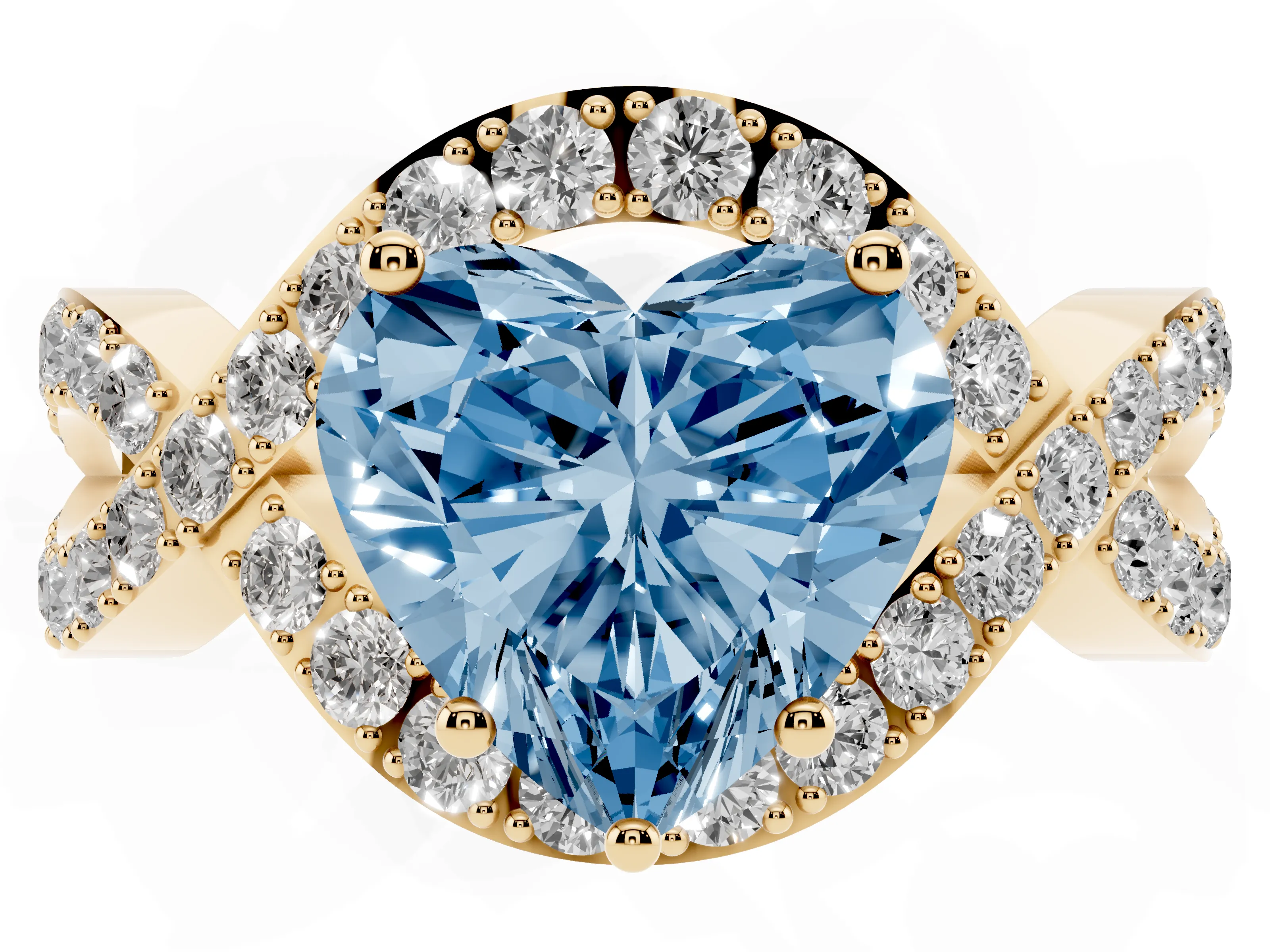Fancy Blue Heart Cut Diamond Solitaire Twist Band Pavé Engagement Ring Set in Yellow gold