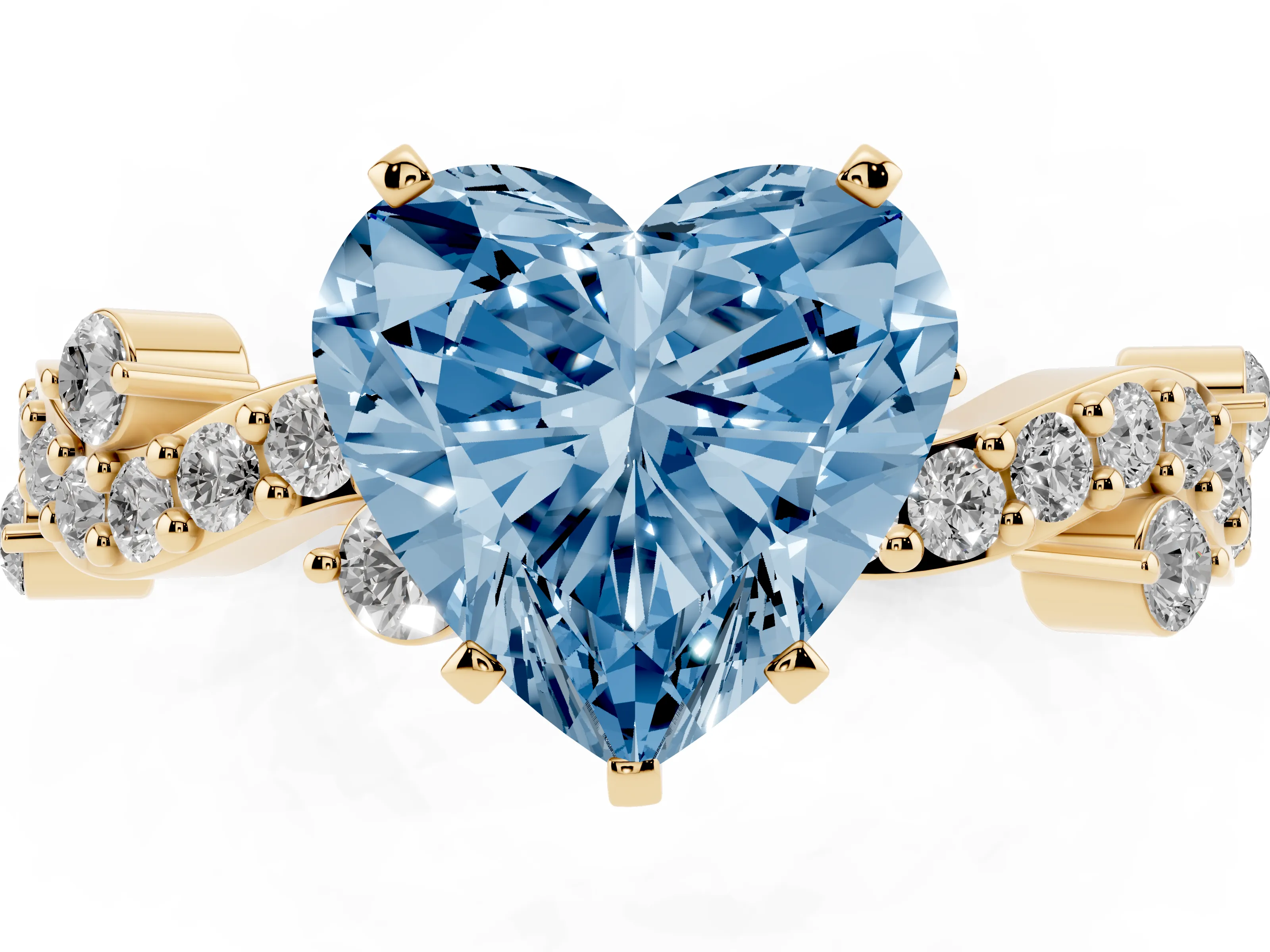 Fancy Blue Heart Cut Diamond Solitaire Twisted Band Set in Yellow gold with Pavé Setting