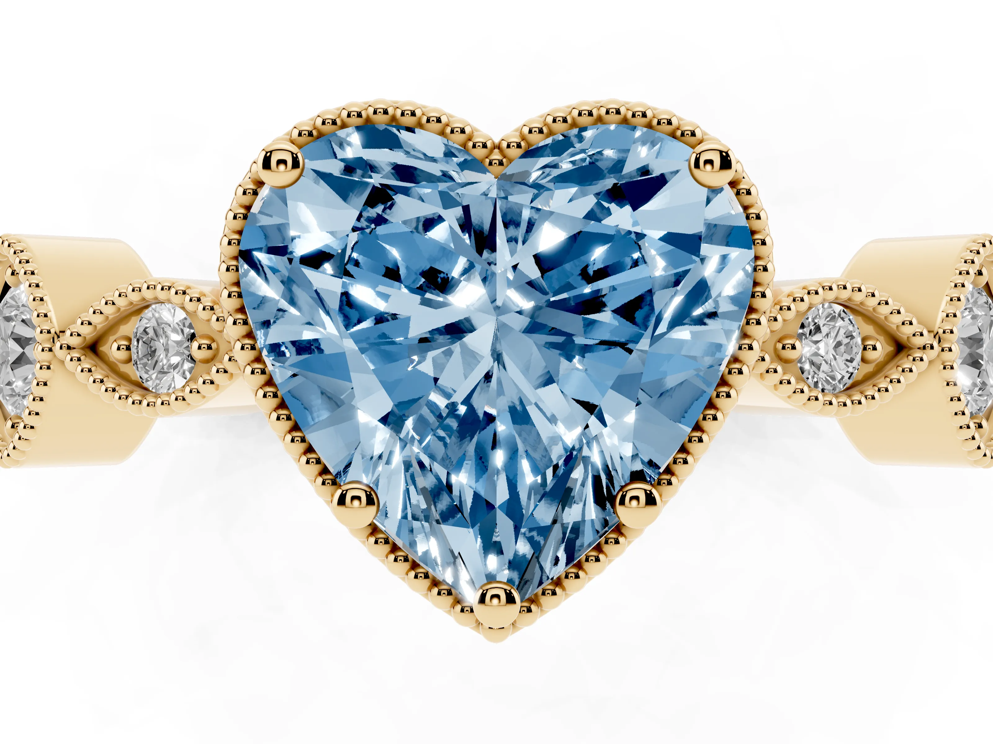Fancy Blue Heart Cut Diamond Vintage-Inspired Milgrain Ring Set in Yellow gold with Marquise Stations of Round Accents