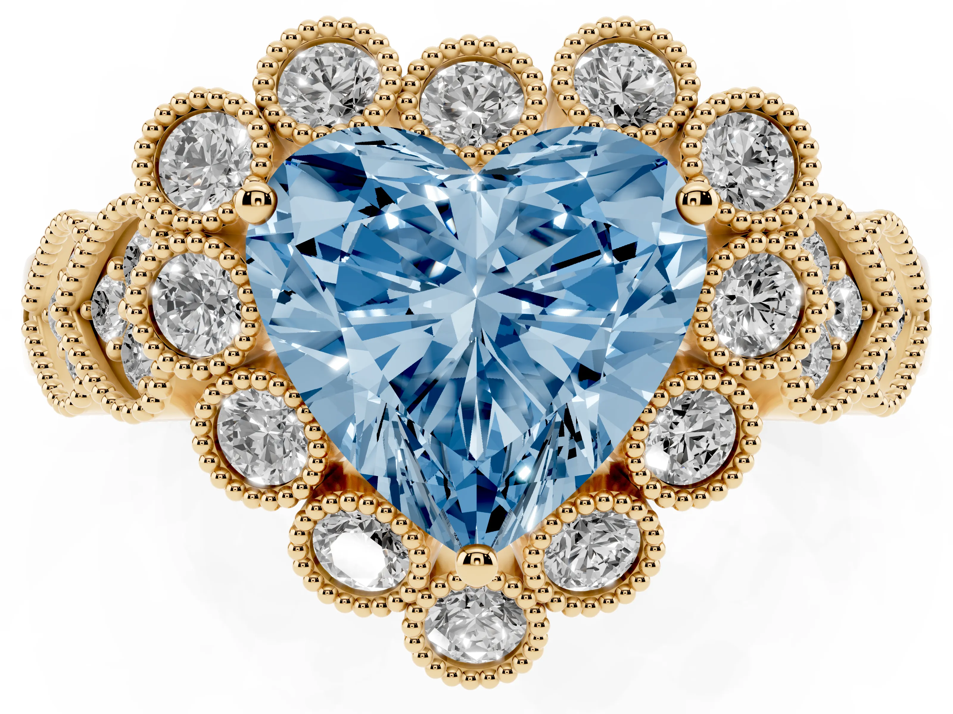 Fancy Blue Heart Cut Diamond Solitaire Ring Set in Yellow gold with Milgrain Pavé Heart Band