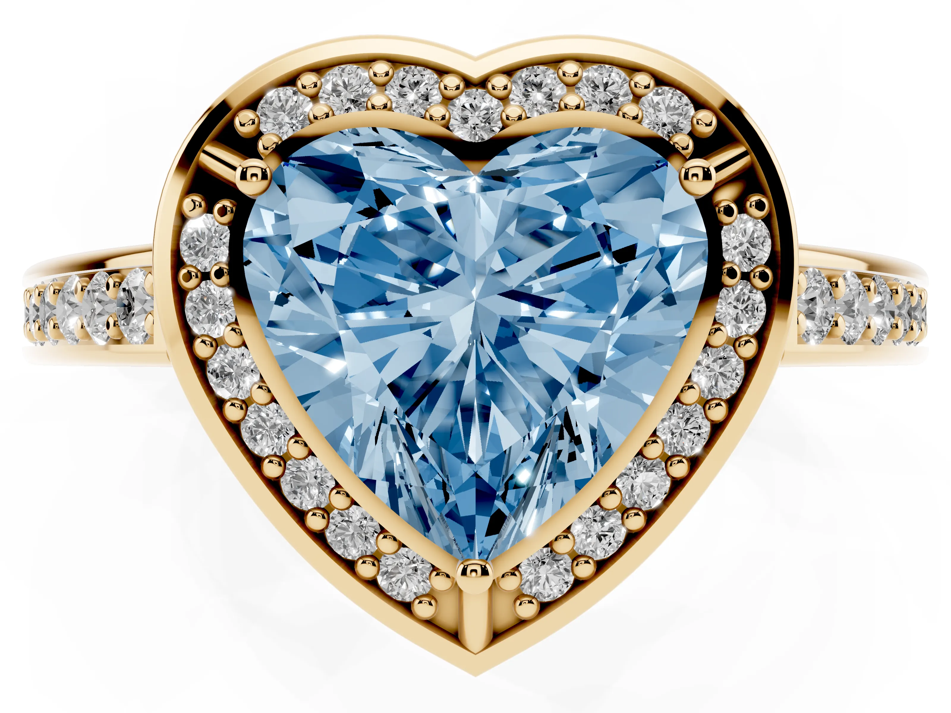 Fancy Blue Heart Cut Diamond Halo Pavé Split Shank Ring Set in Yellow gold with Prong Setting