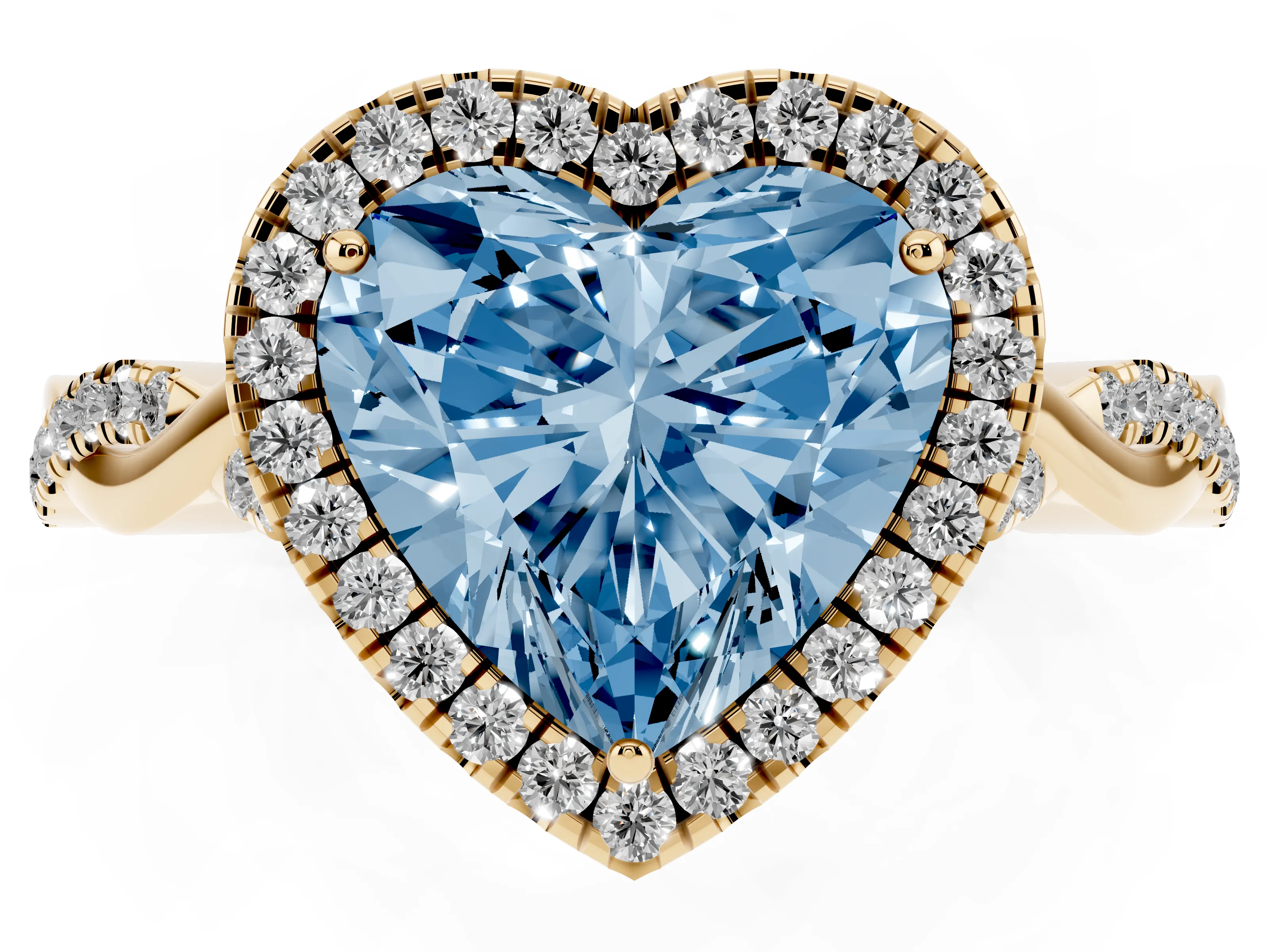 Fancy Blue Heart Cut Diamond Halo Twist Band Solitaire Ring Set in Yellow gold with Prong Setting