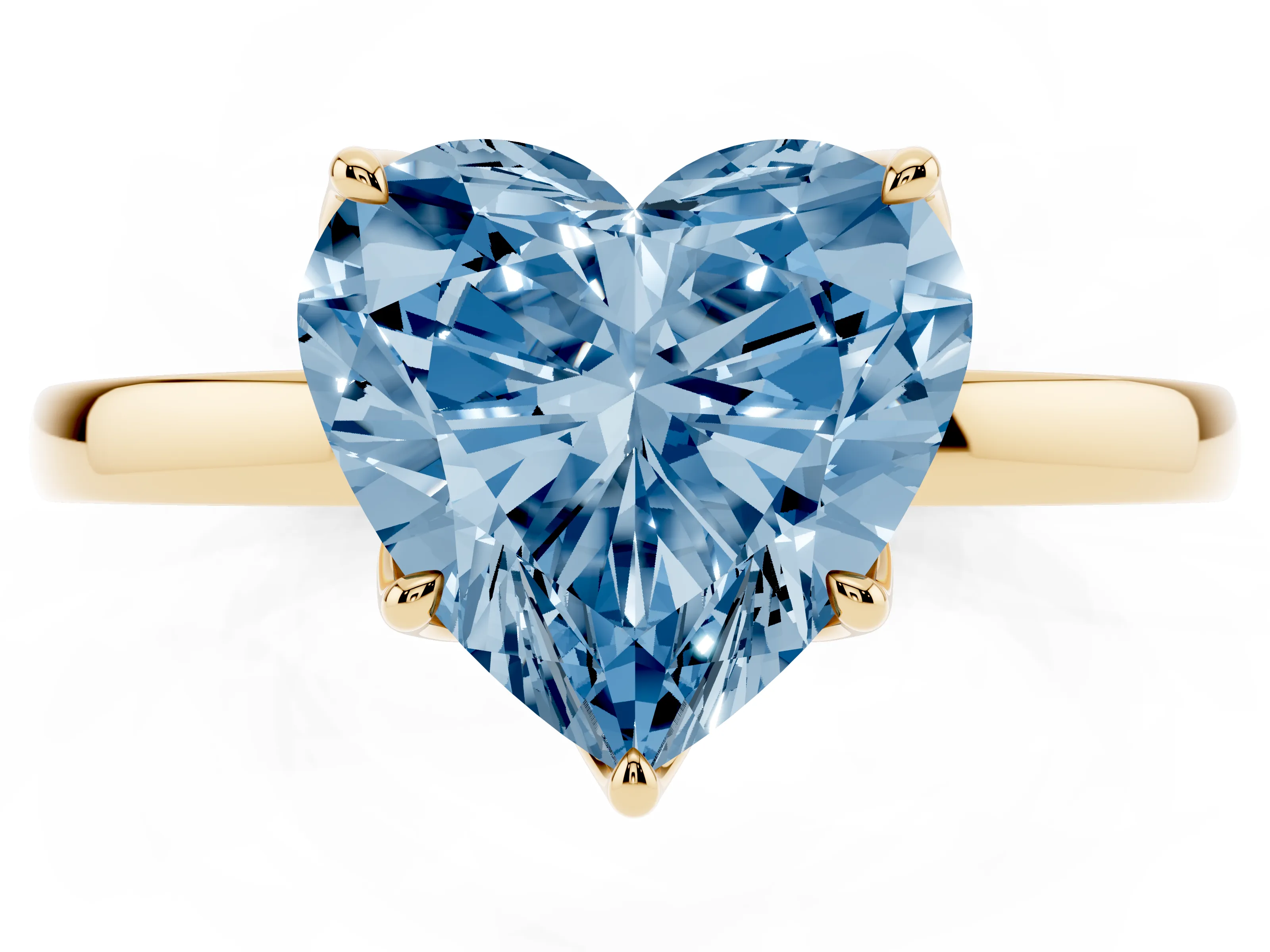 Fancy Blue Heart Cut Diamond Solitaire Ring Set in Yellow gold with Prong Setting and Thin Polished Band