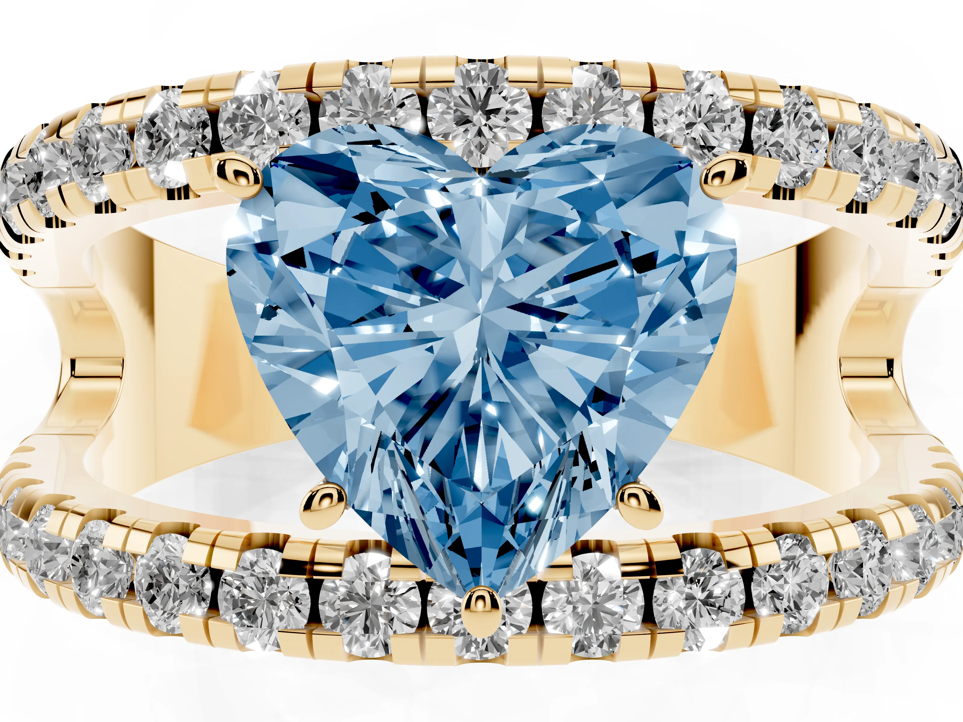 Fancy Blue Heart Cut Diamond Split Shank Pavé Solitaire Ring Set in Yellow gold with Open Shank Design