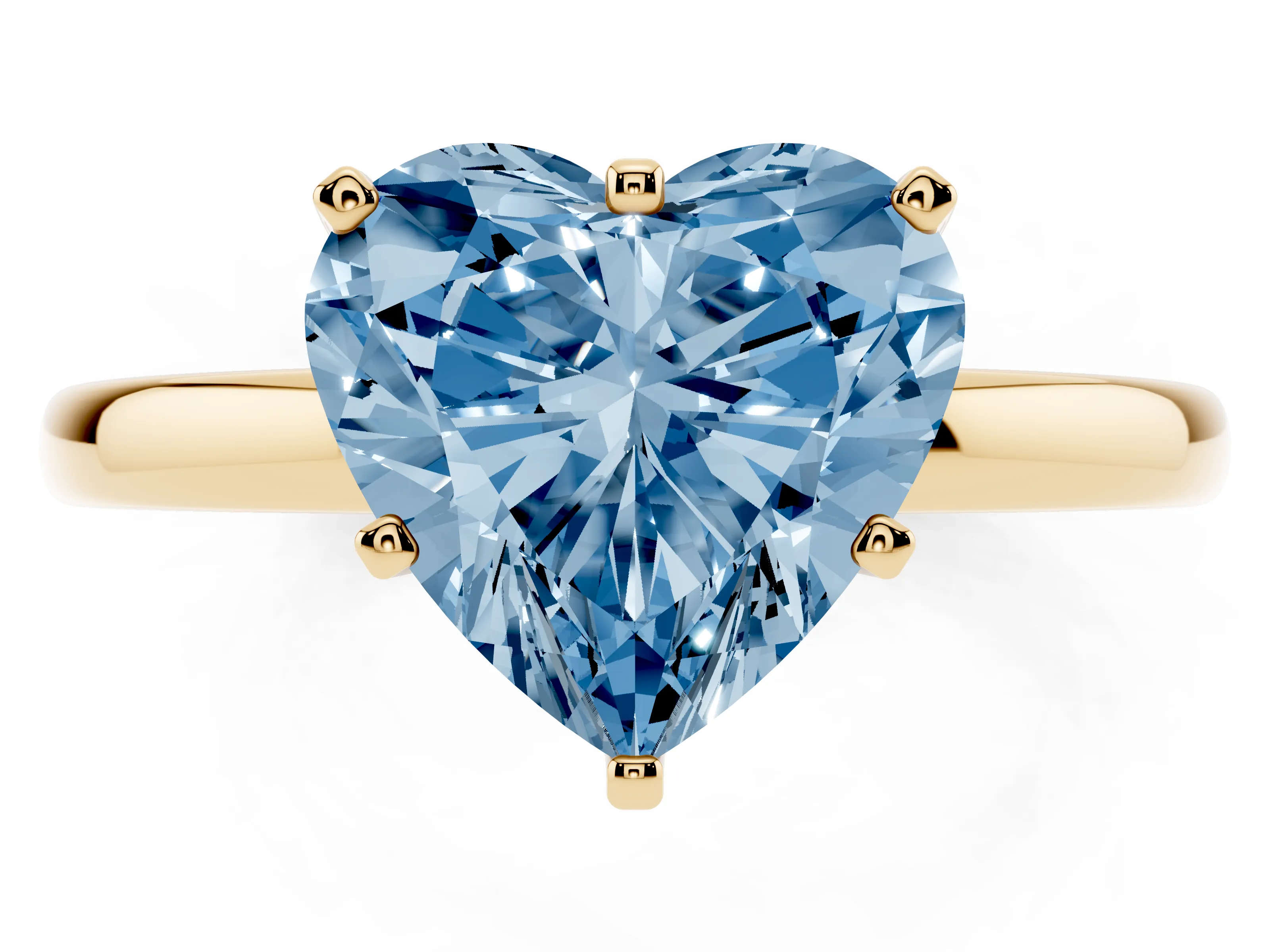 Fancy Blue Heart Cut Diamond Solitaire Ring Set in Yellow gold with Raised Prong Setting on a Classic Band