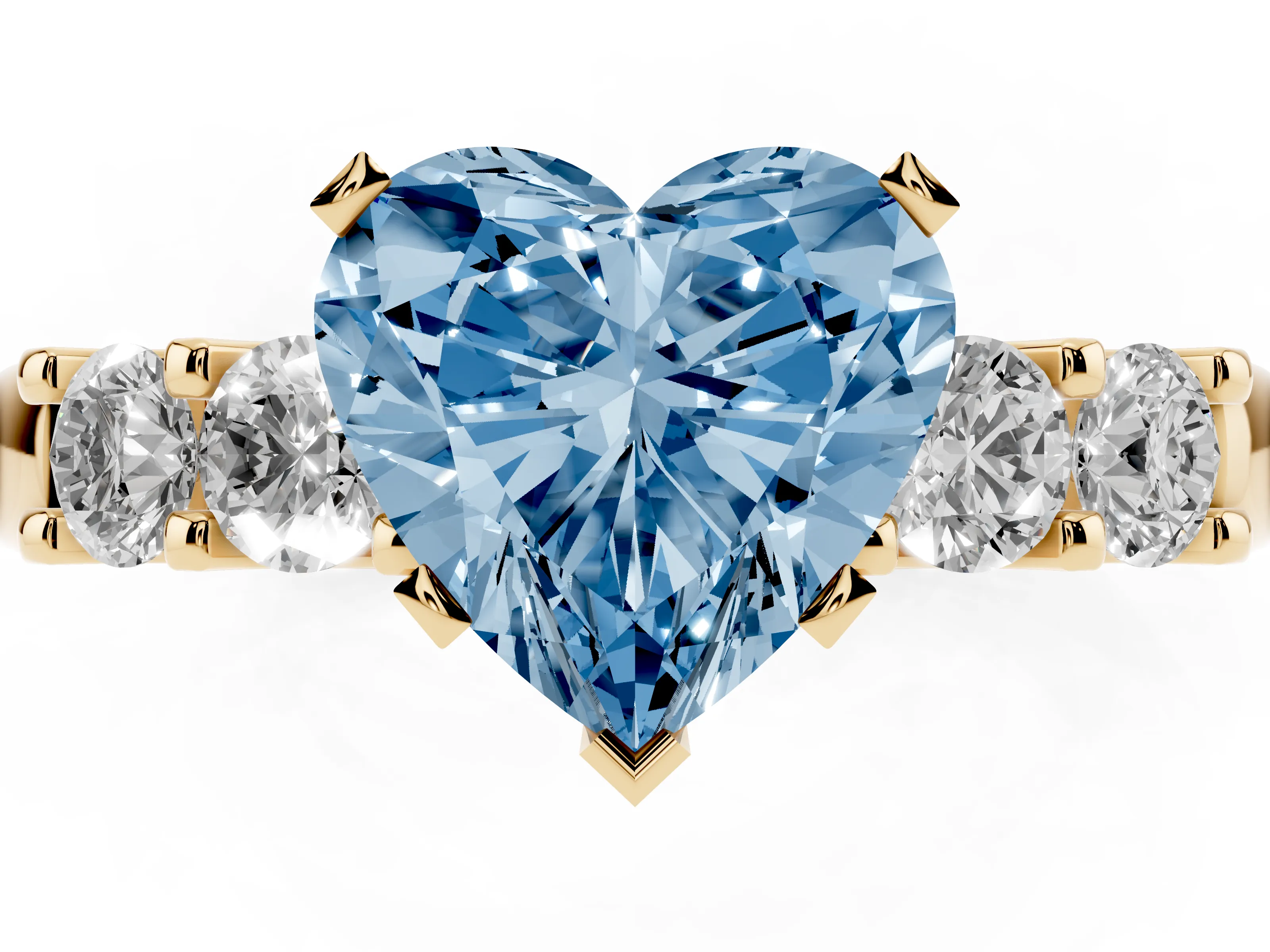 Fancy Blue Heart Cut Diamond Five-Stone Prong Set Engagement Ring Set in Yellow gold with Channel Band