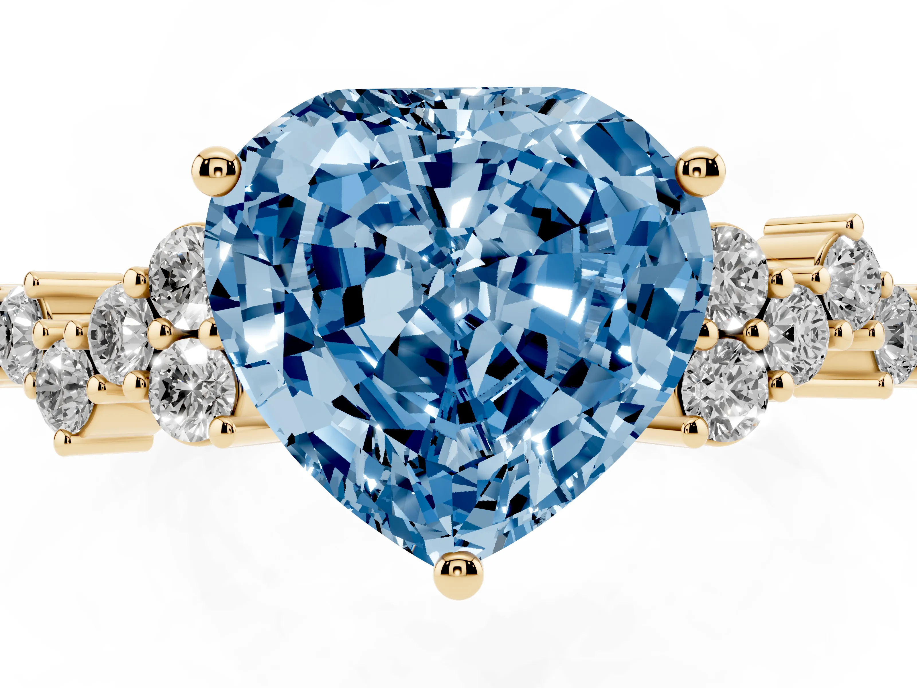 Fancy Blue Heart Cut Diamond Ring Set in Yellow gold with Scattered Round Accents
