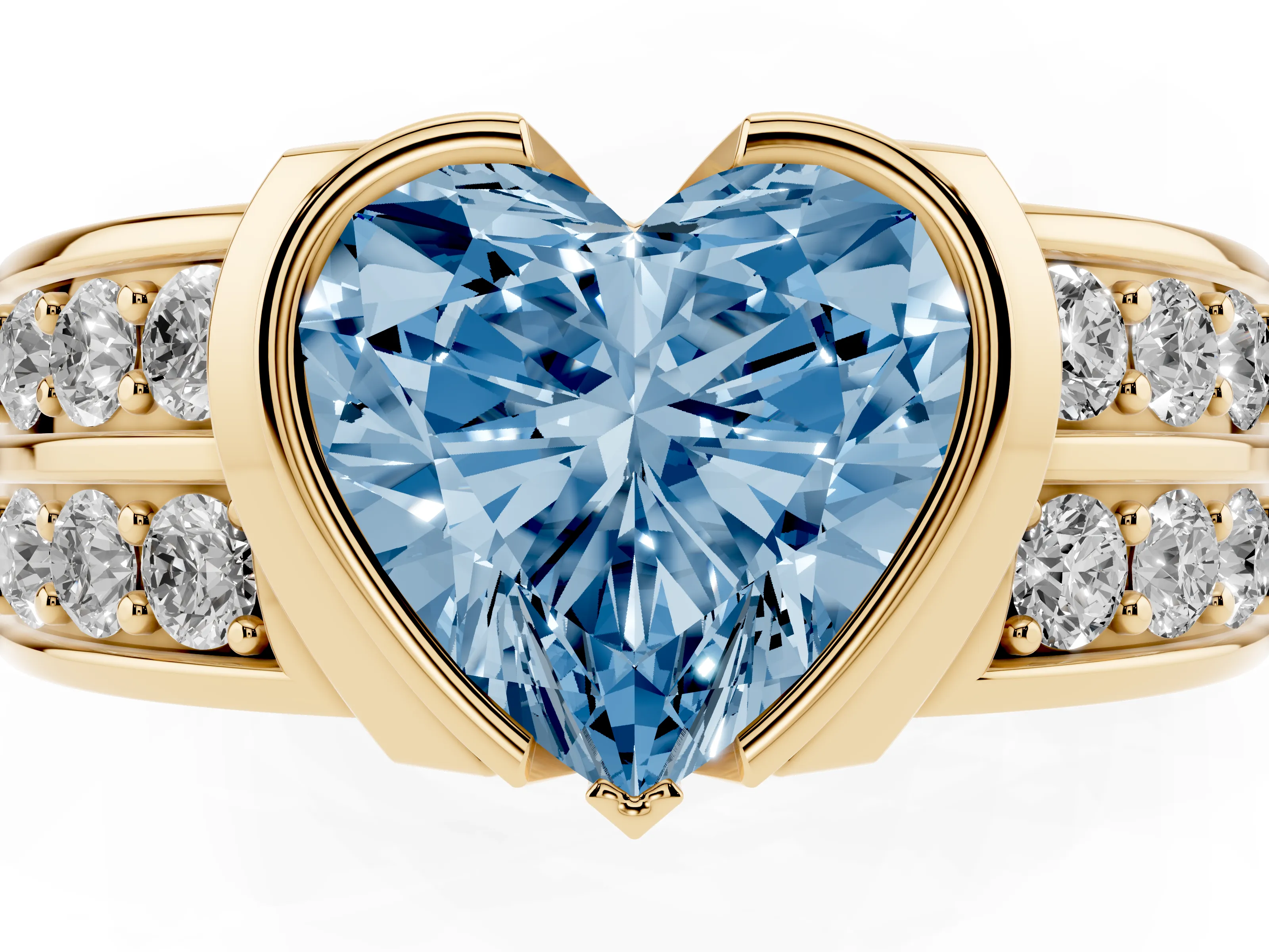 Fancy Blue Heart Cut Diamond Wide Channel Set Band Ring Set in Yellow gold with Bezel Setting