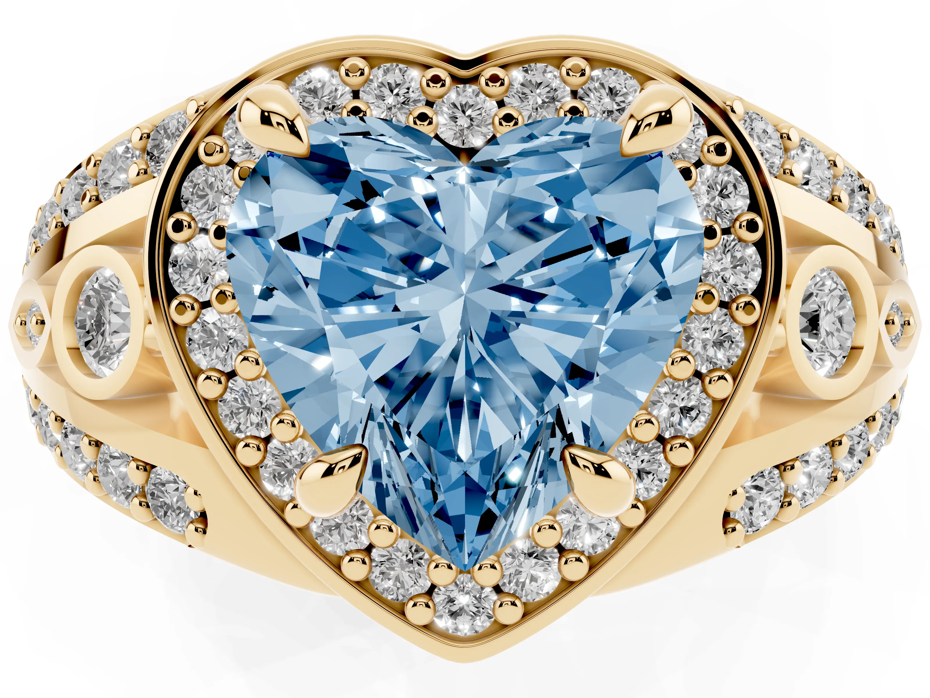 Fancy Blue Heart Cut Diamond Halo Ring Set in Yellow gold with Pavé Split Shank and Bezel Accents