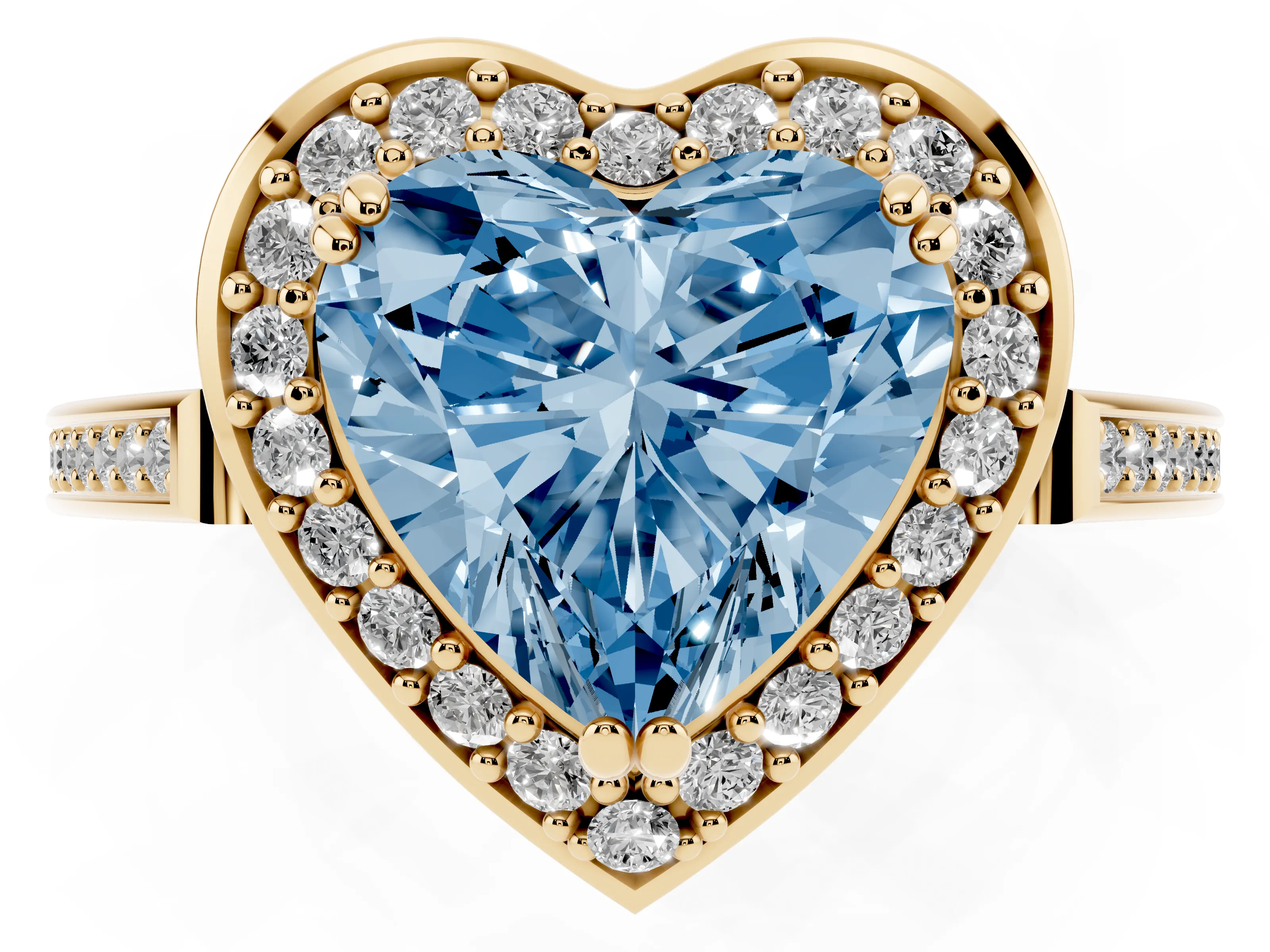 Fancy Blue Heart Cut Diamond Halo Ring Set in Yellow gold with Accent-Lined Split Shank and Prong Setting