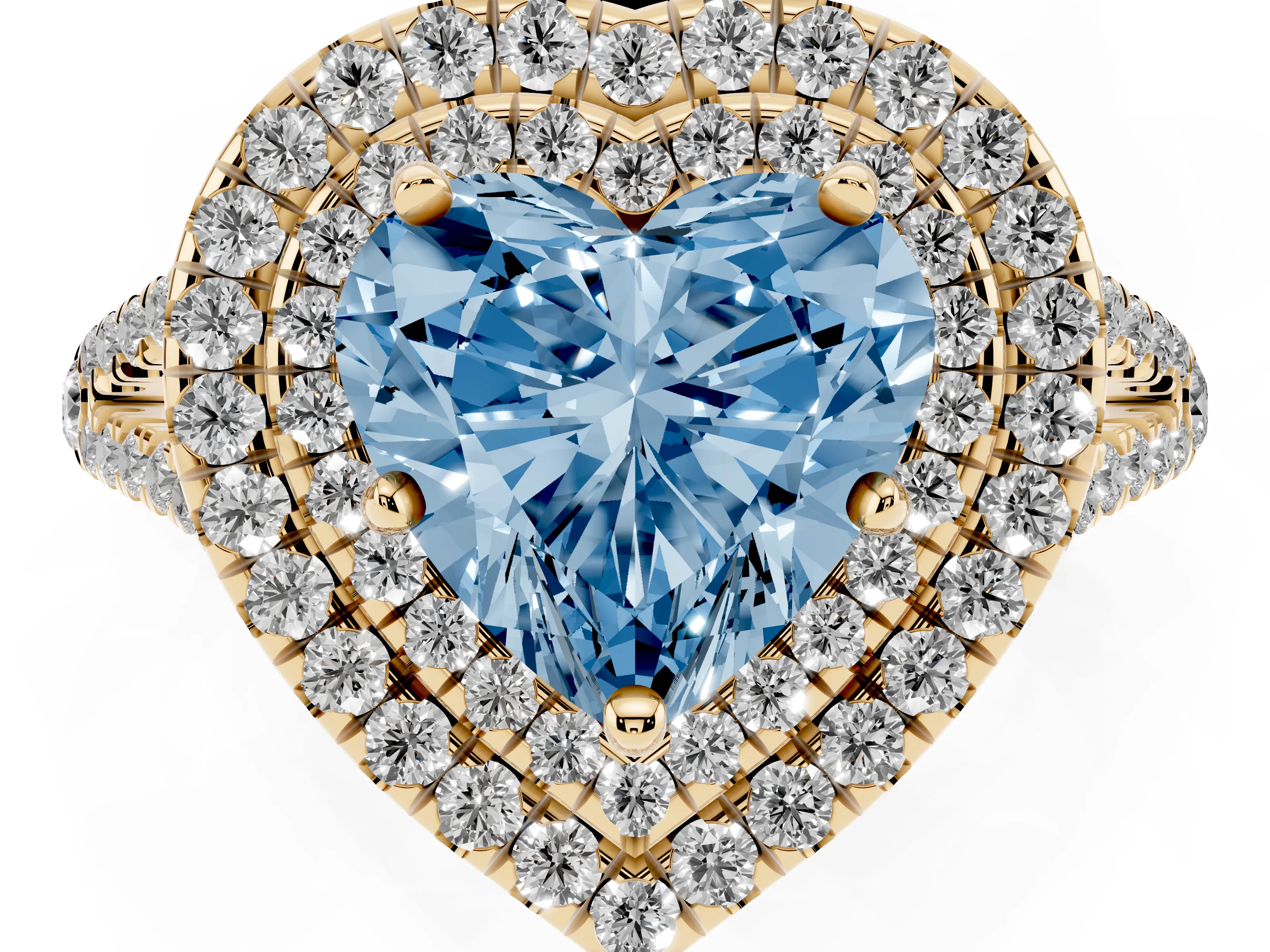 Fancy Blue Heart Cut Diamond Double Halo Ring Set in Yellow gold with Pavé Band