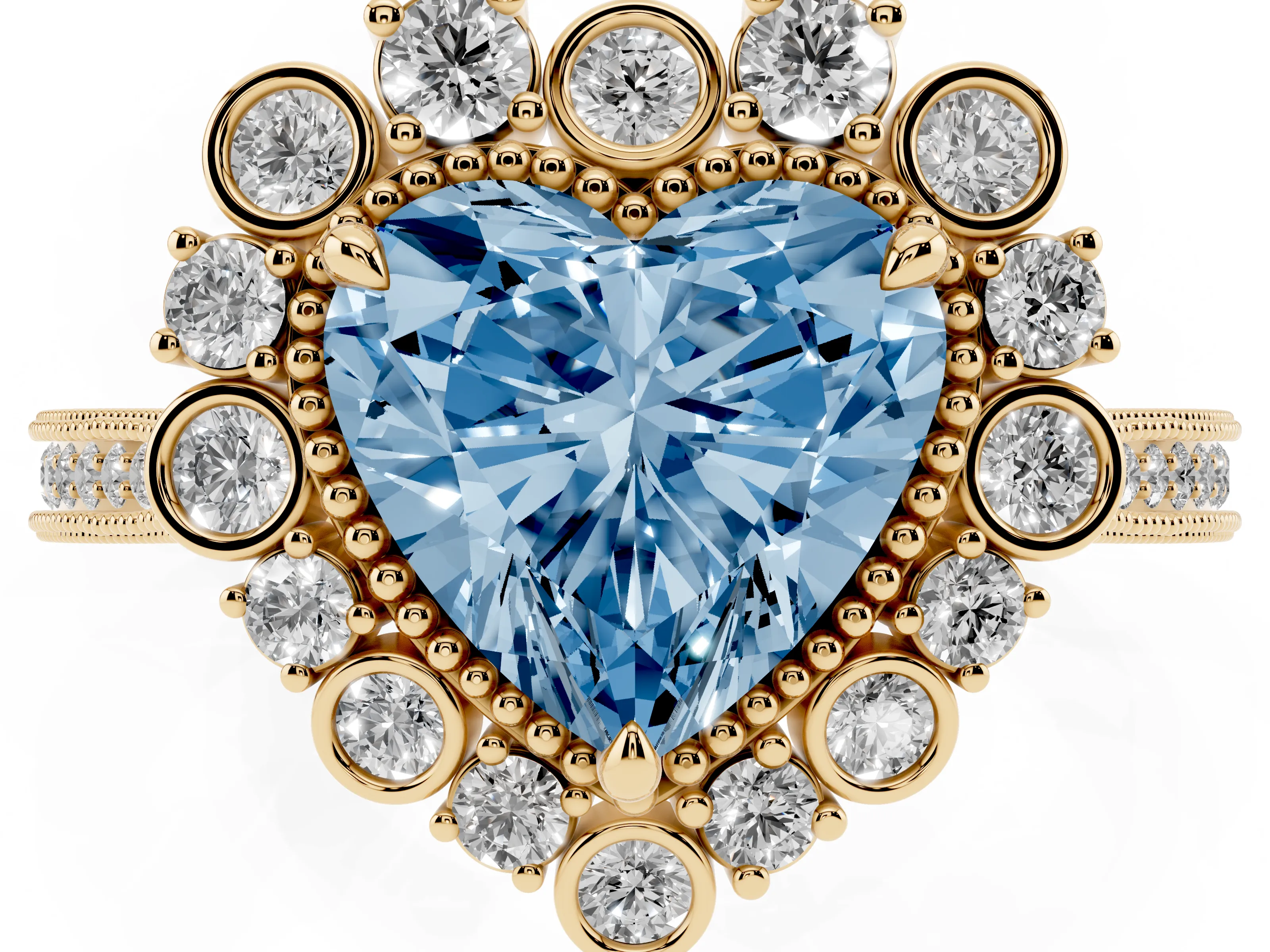 Fancy Blue Heart Cut Diamond Halo Milgrain Pavé Ring Set in Yellow gold with Prong Setting