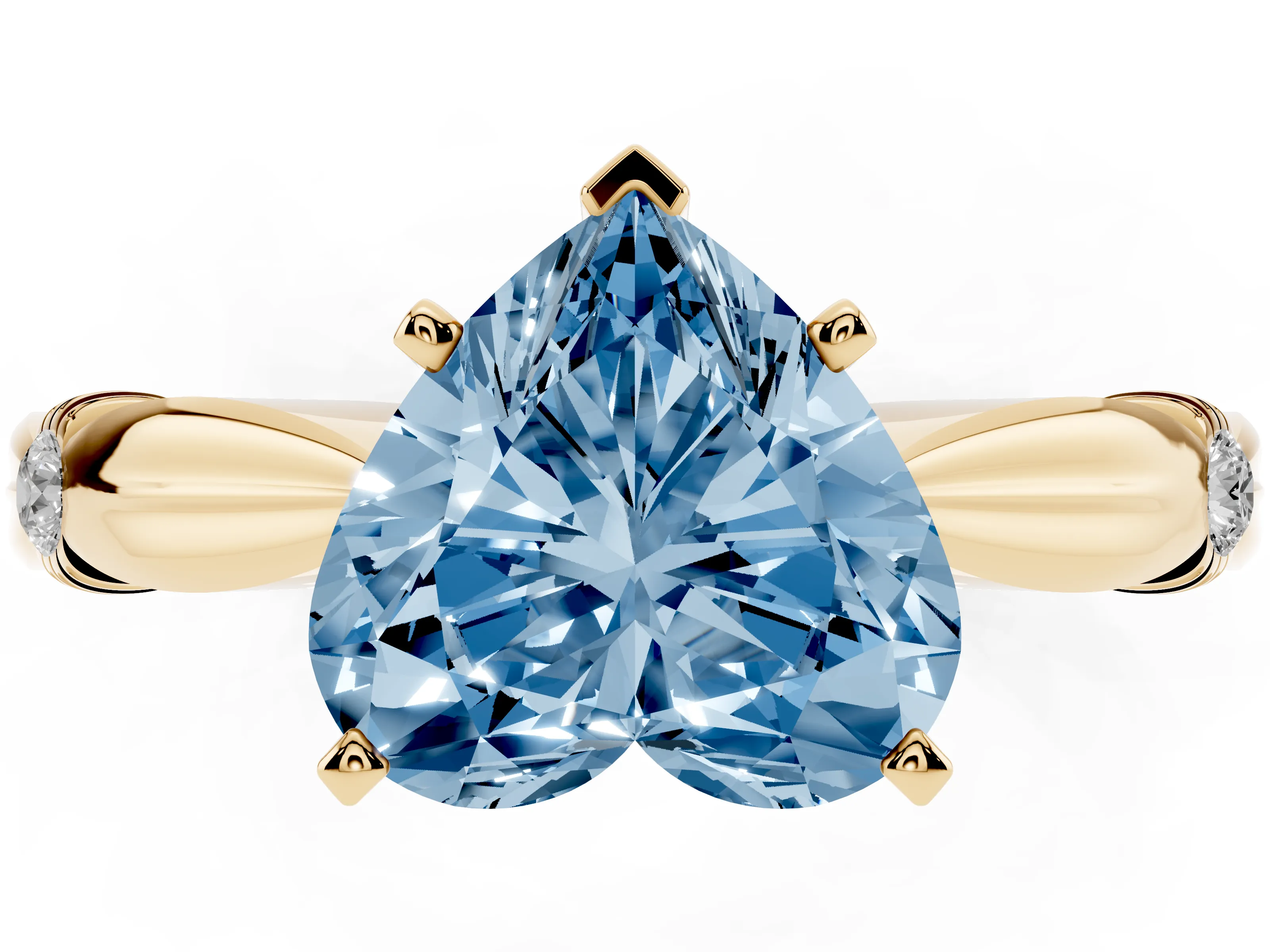 Fancy Blue Heart Cut Diamond Solitaire Twisted Band Ring Set in Yellow gold with Accent Stones and Prong Setting