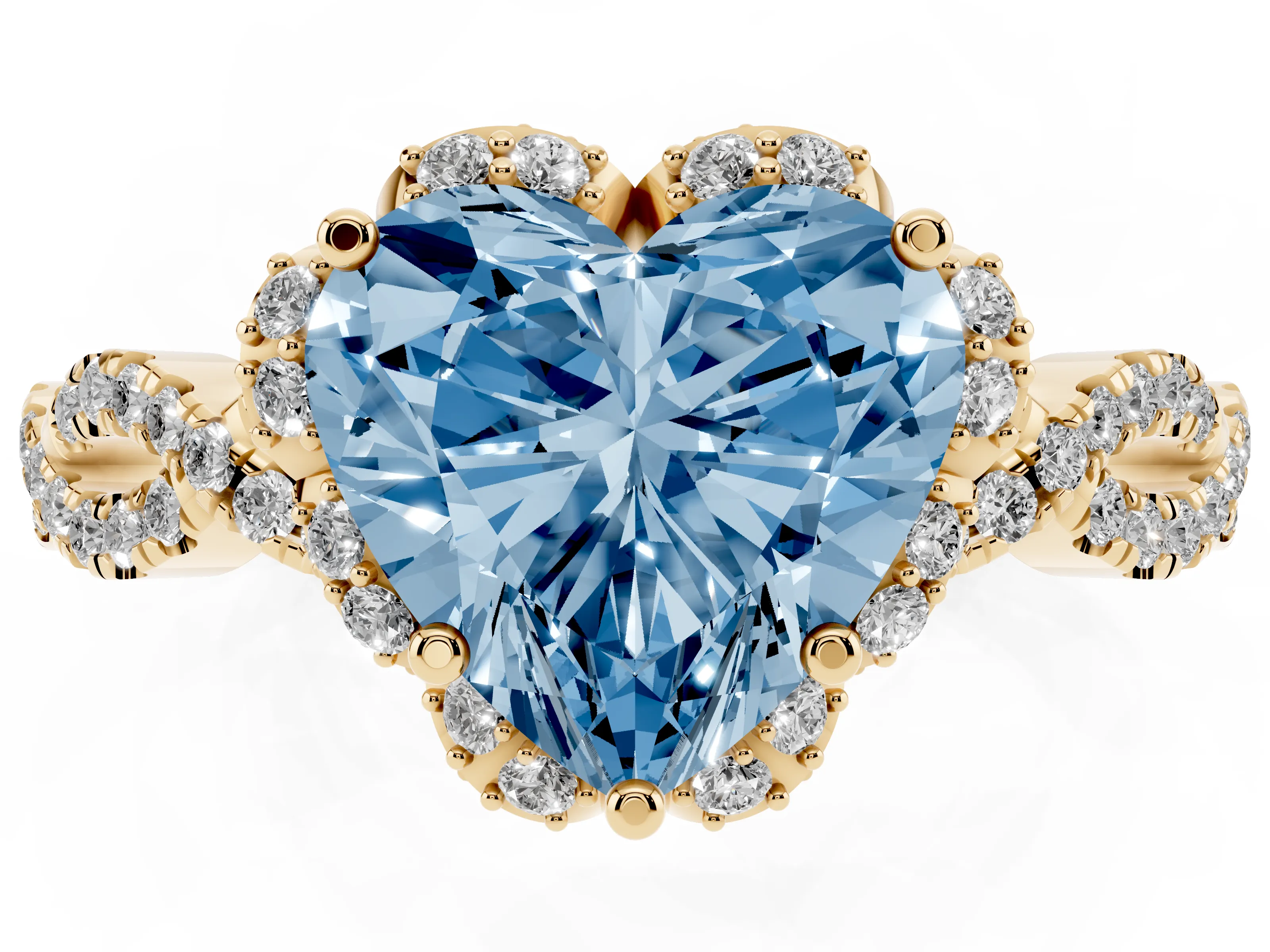 Fancy Blue Heart Cut Diamond Halo Twist Band Solitaire Ring Set in Yellow gold with Prong-Set Center Stone
