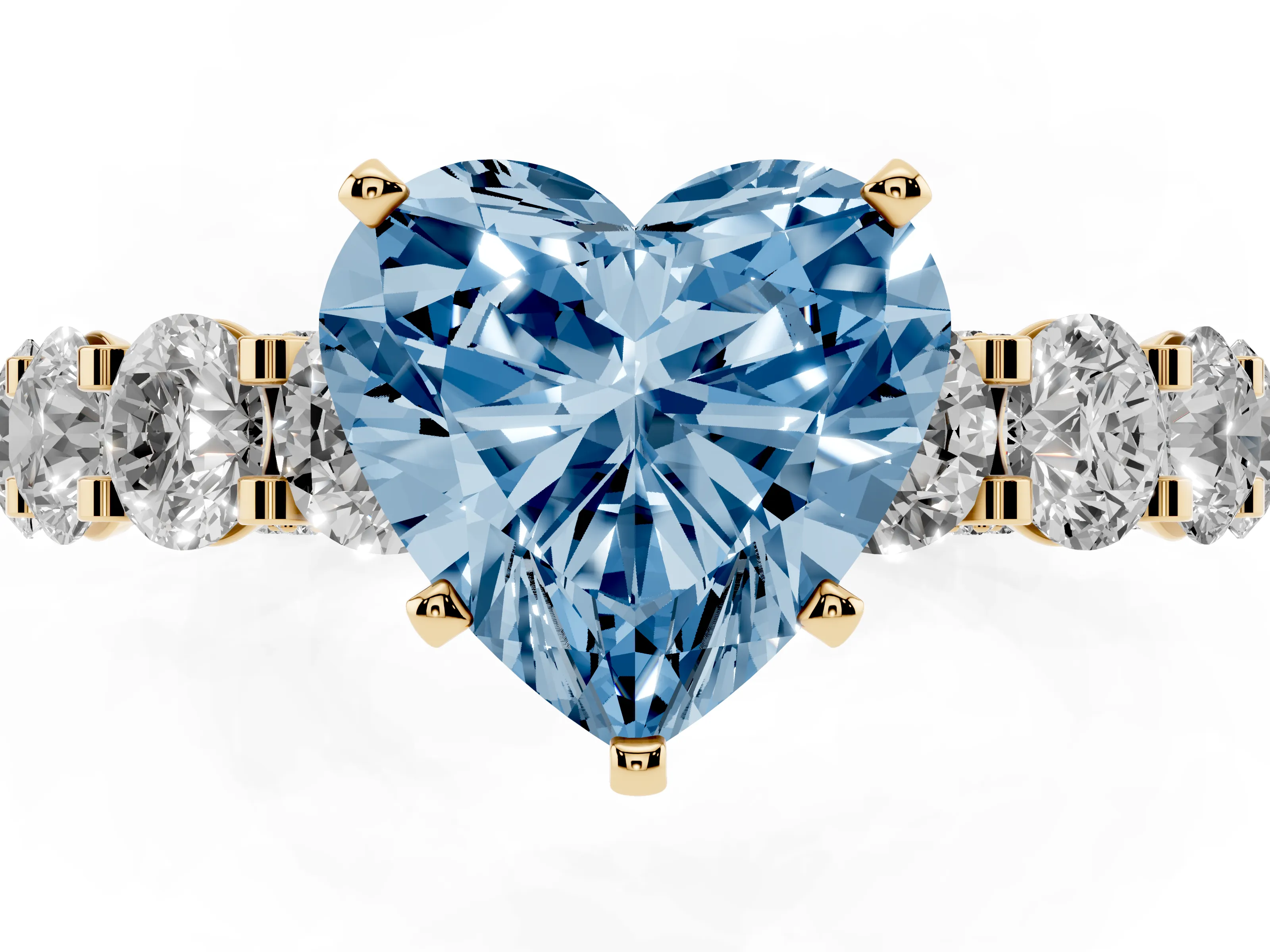 Fancy Blue Heart Cut Diamond Side Stone Ring Set in Yellow gold with Alternating Round and Oval Side Stones
