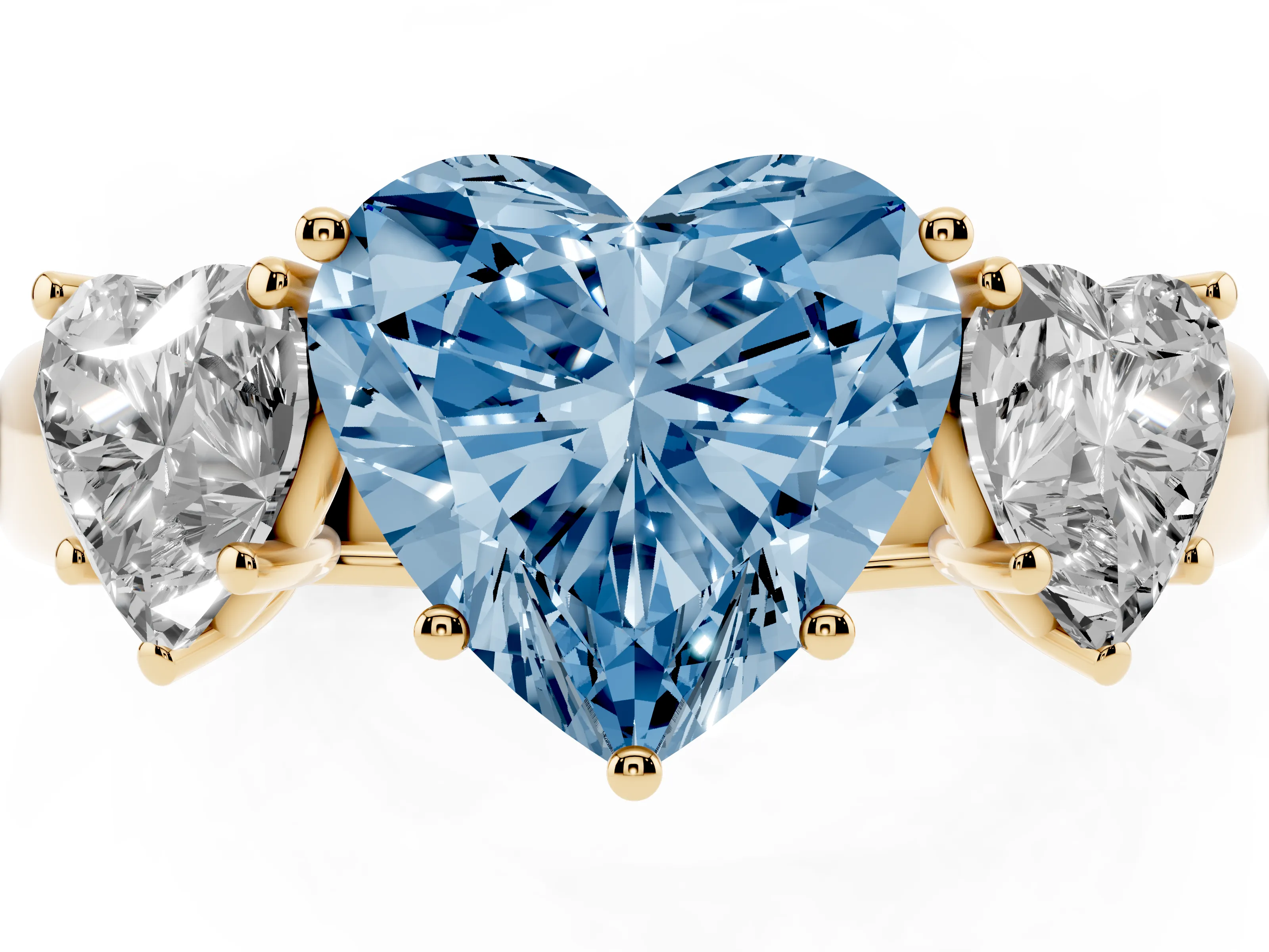 Fancy Blue Three-Stone Heart Cut Diamond Ring Set in Yellow gold with Matching Prong Settings and Plain Band