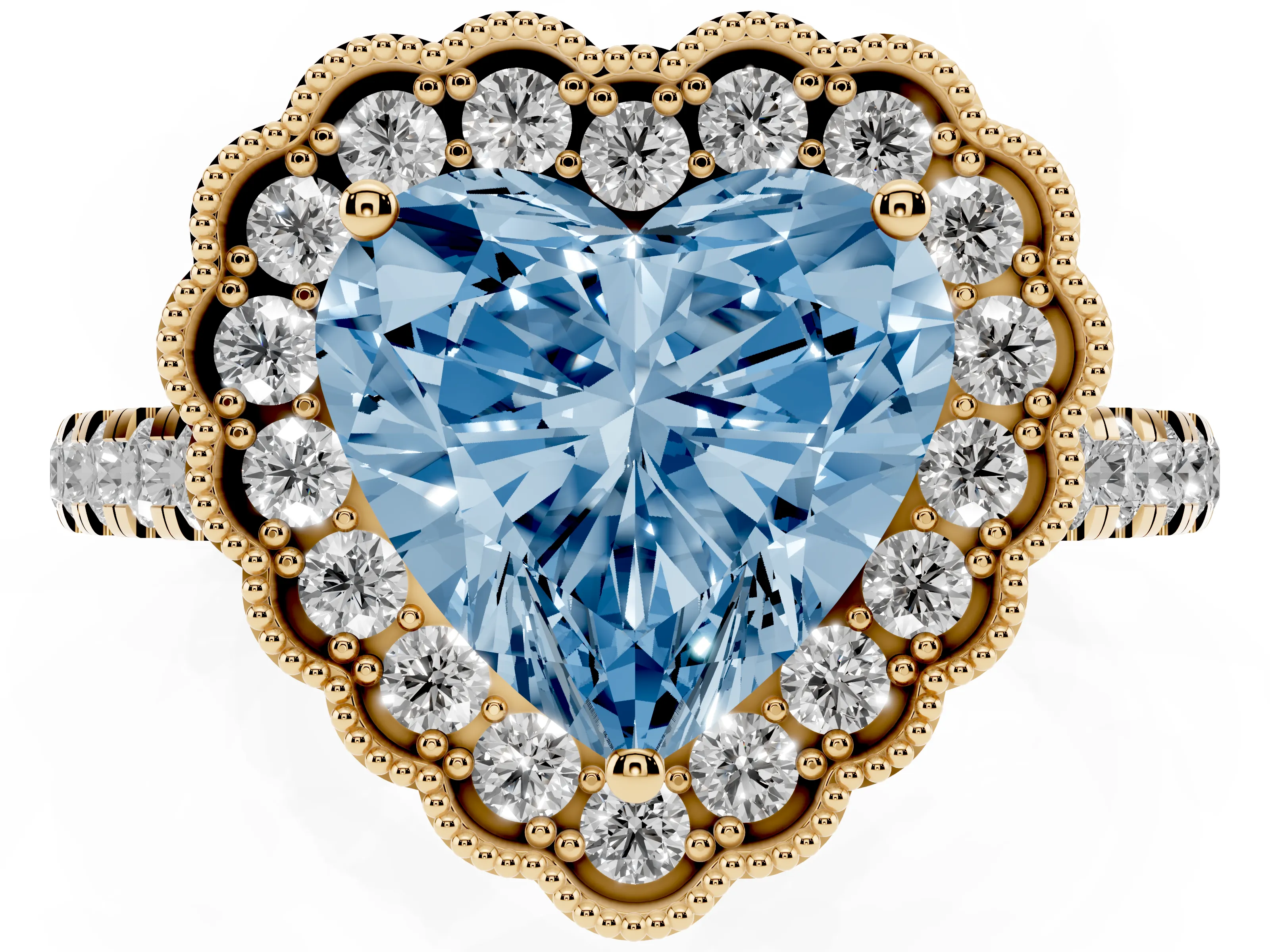 Fancy Blue Heart Cut Diamond Milgrain Floral Halo Engagement Ring Set in Yellow gold with Pavé Band