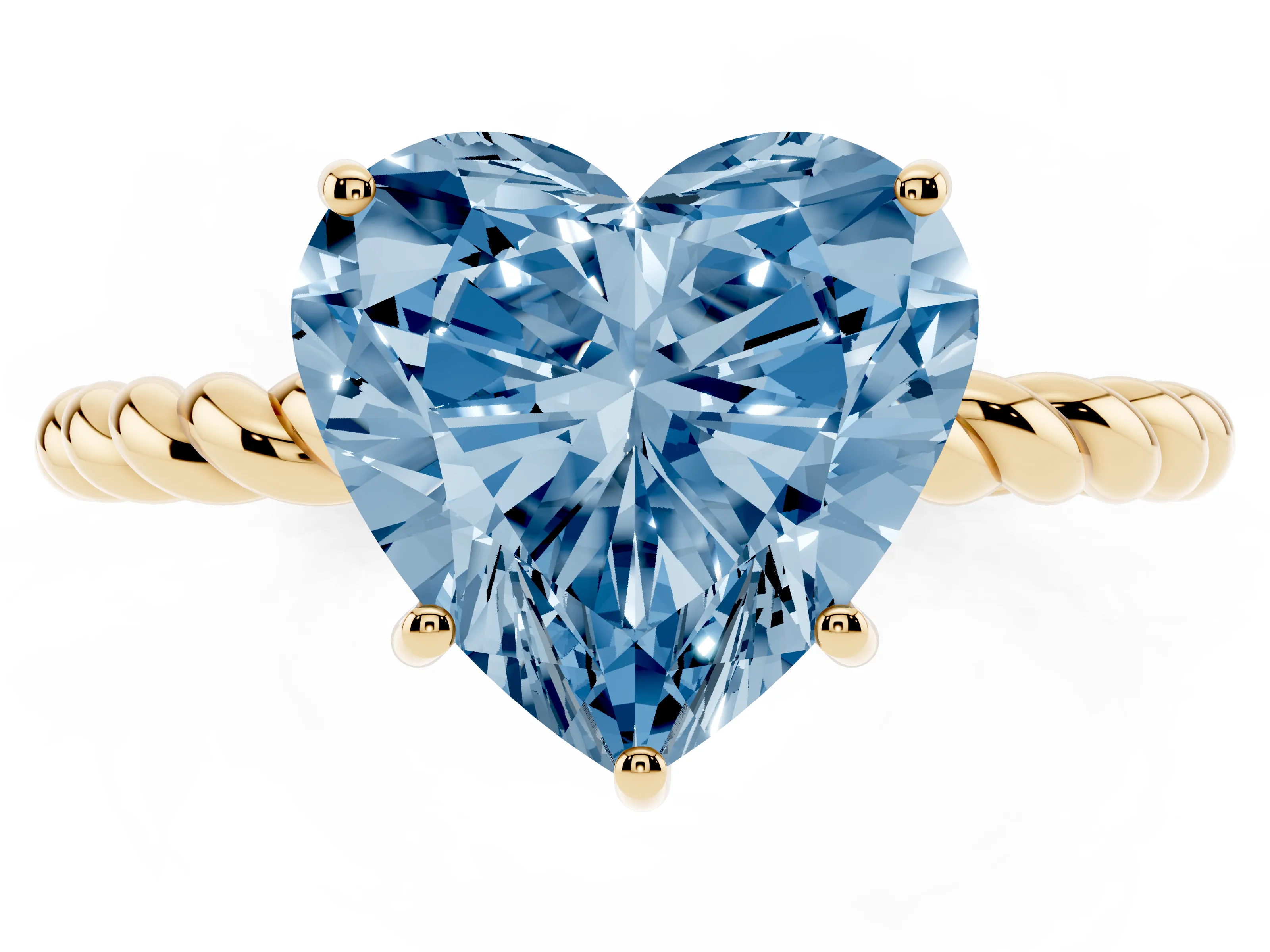 Fancy Blue Heart Cut Diamond Solitaire Ring Set in Yellow gold with Twist Band and Prong Setting