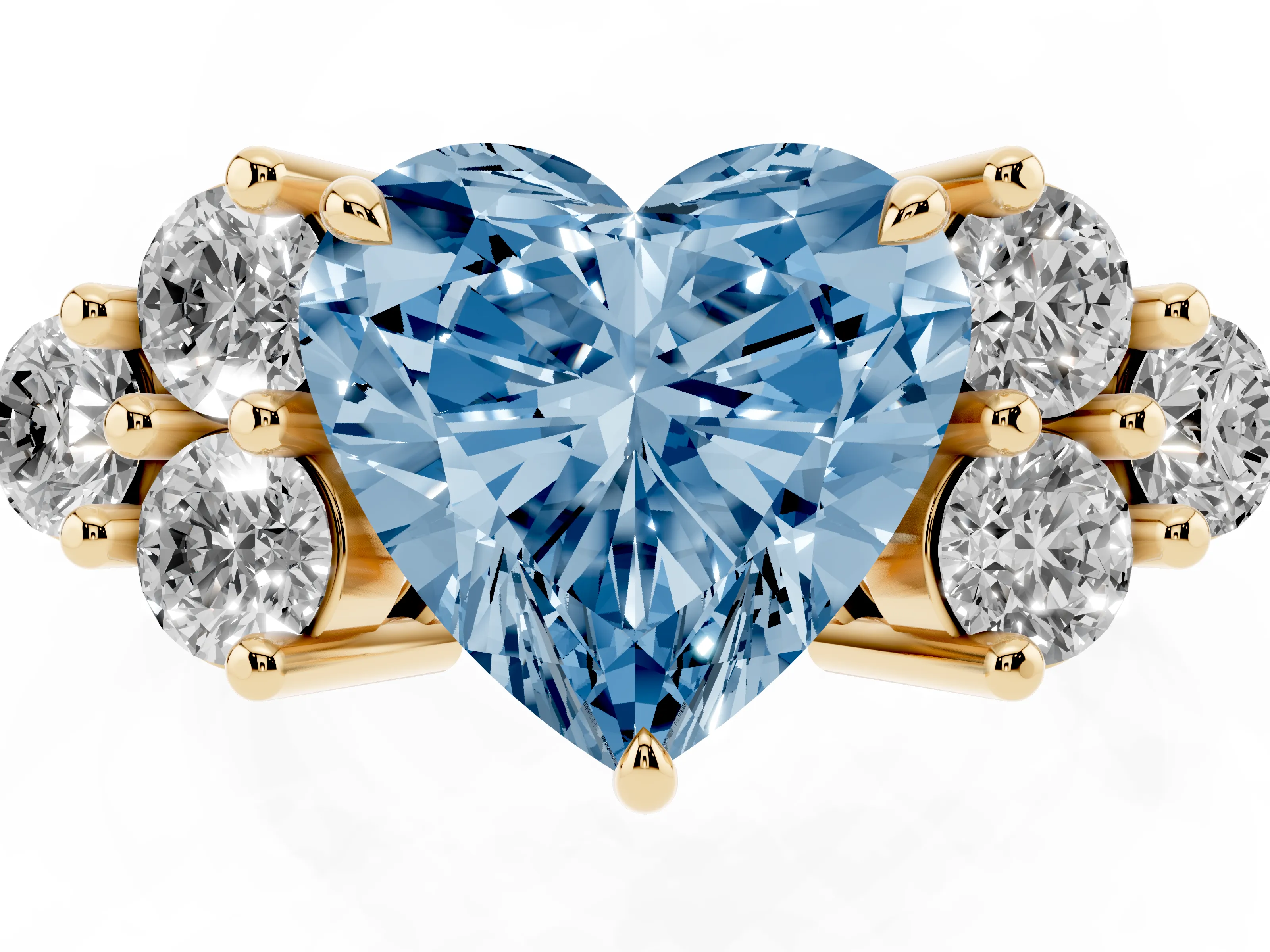 Fancy Blue Heart Cut Diamond Solitaire Ring Set in Yellow gold with Cluster Accents on Each Side
