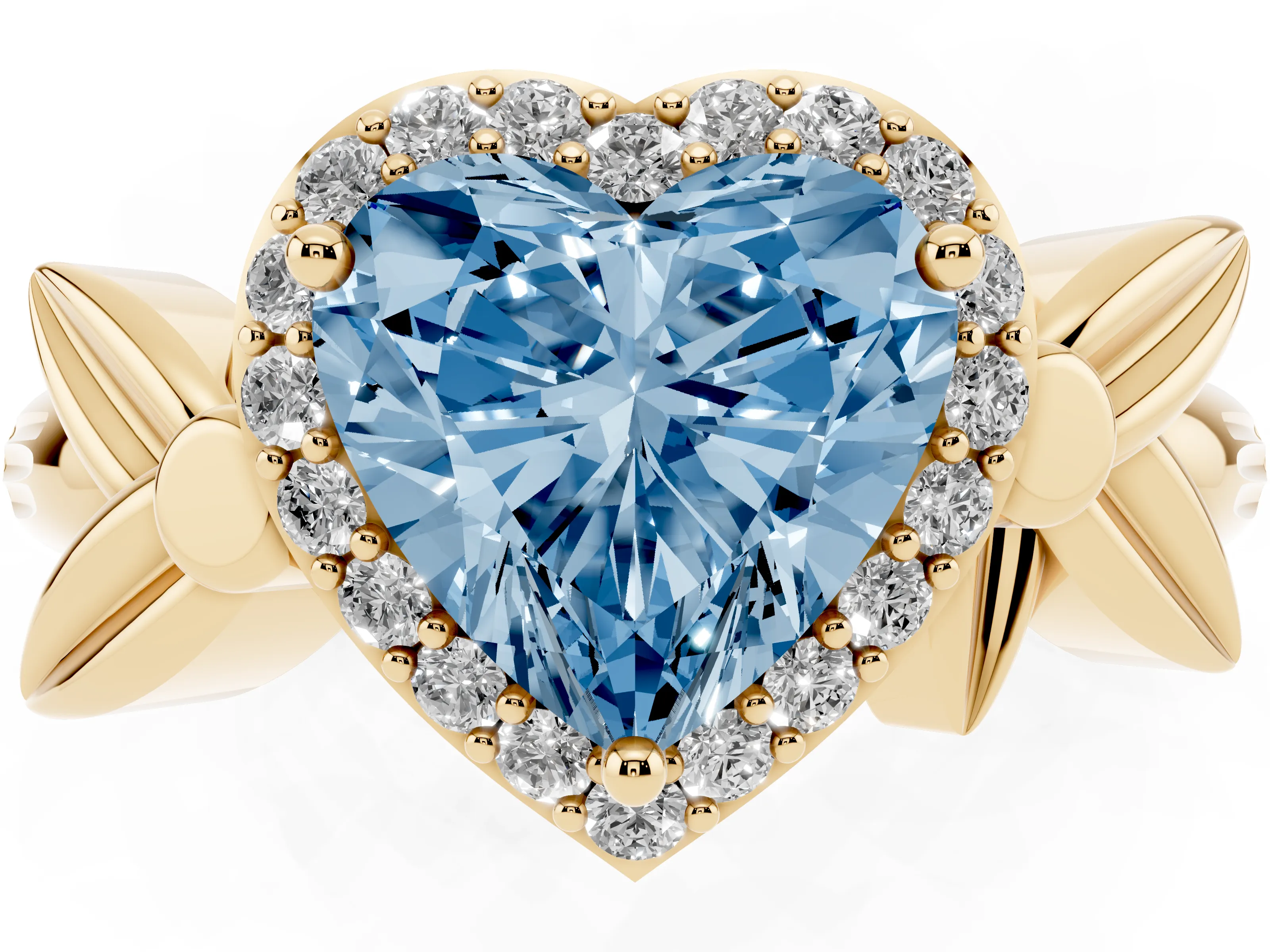 Fancy Blue Heart Cut Diamond Halo Floral Band Ring Set in Yellow gold with Prong Setting