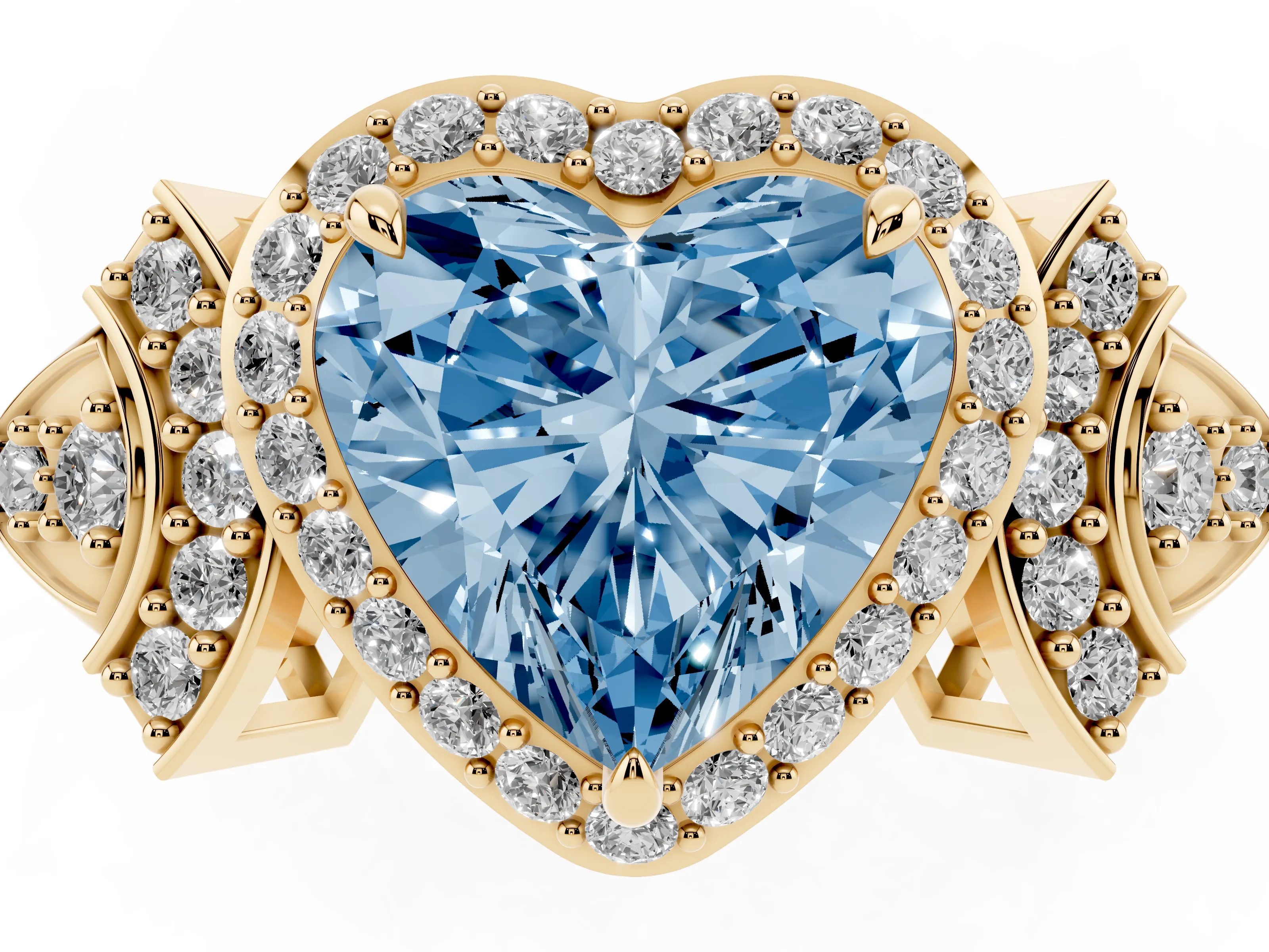 Fancy Blue Heart Cut Diamond Halo Engagement Ring Set in Yellow gold with Accent Stone Split Shank