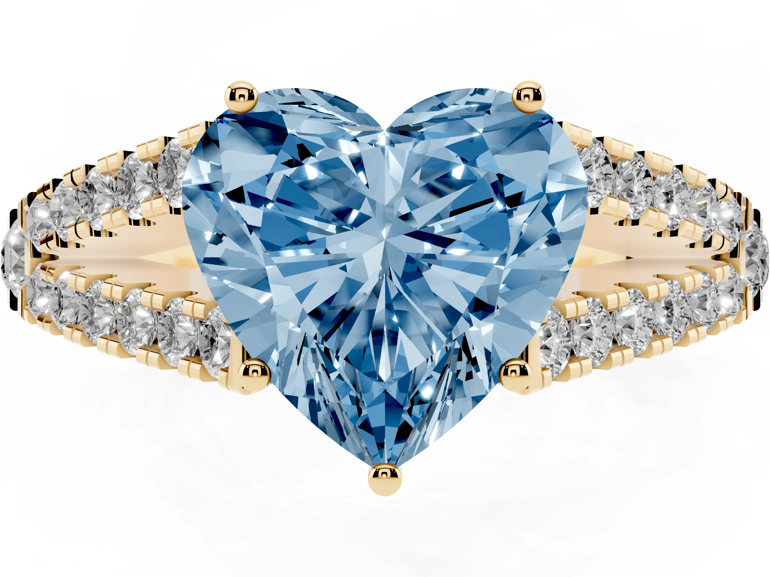 Fancy Blue Heart Cut Diamond Split Shank Pavé Engagement Ring Set in Yellow gold with Prong-Held Center Stone