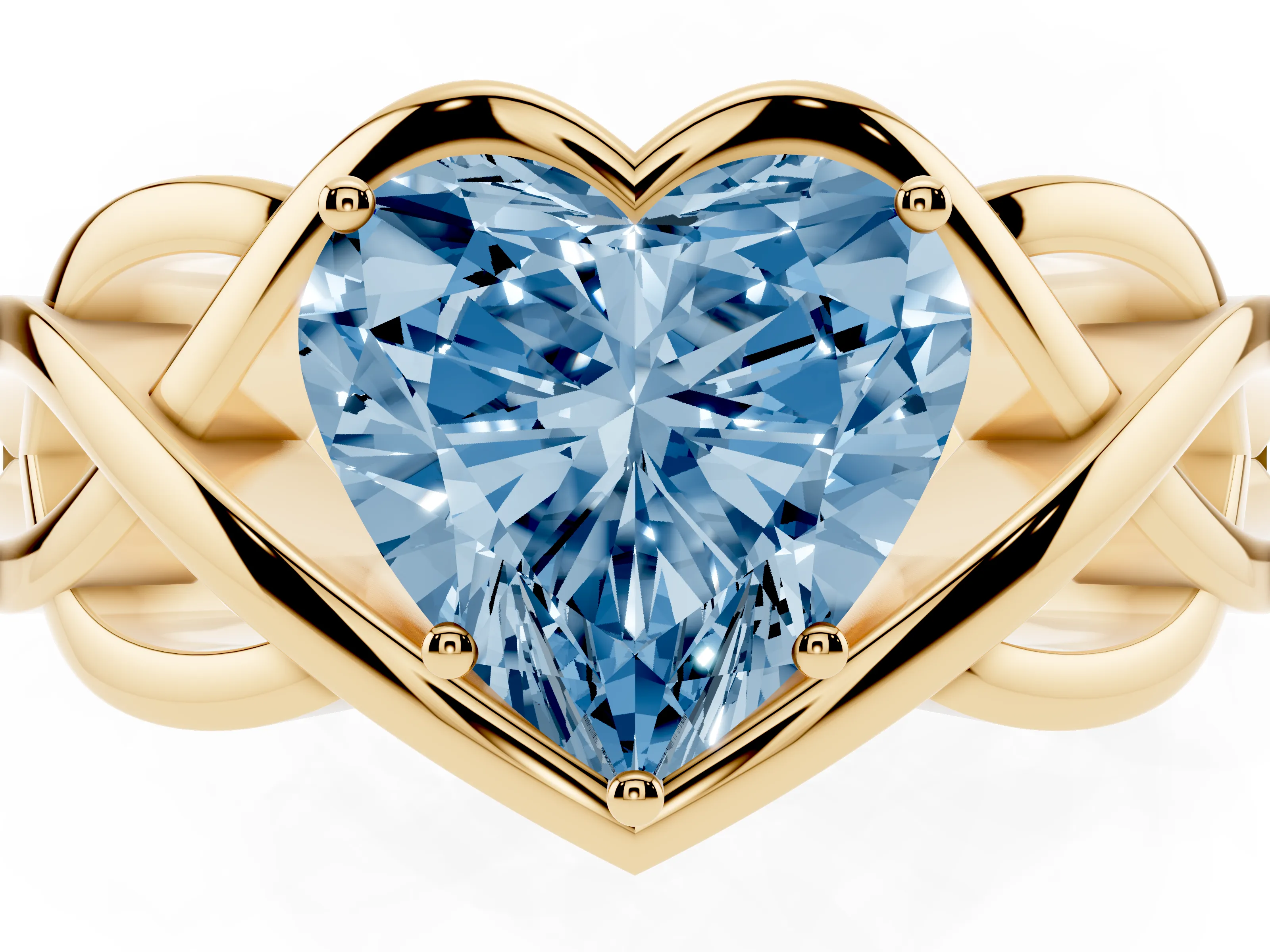 Fancy Blue Heart Cut Diamond Solitaire Ring Set in Yellow gold with Intertwined Band