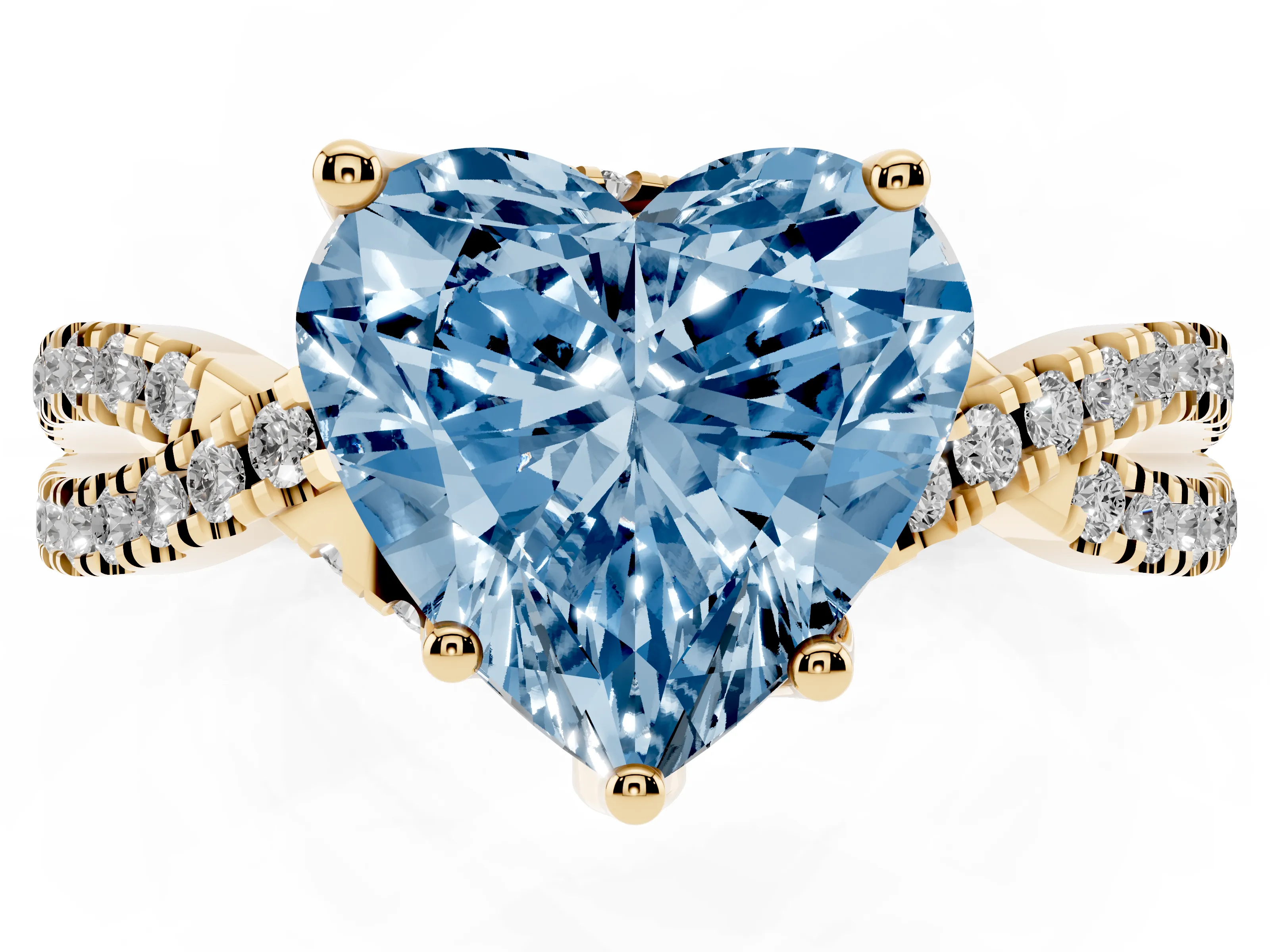 Fancy Blue Heart Cut Diamond Twist Pavé Solitaire Engagement Ring Set in Yellow gold with Prong Setting