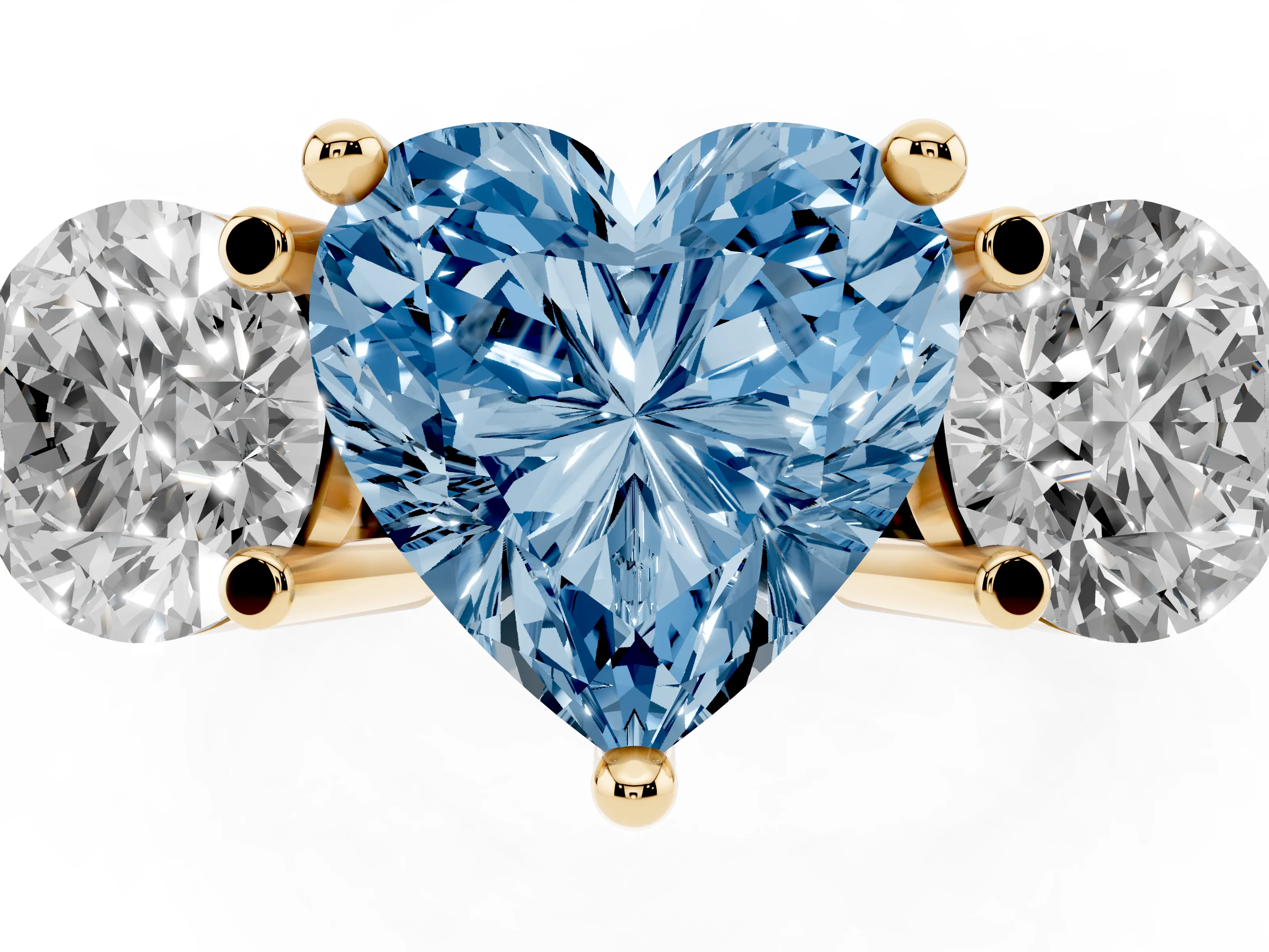 Fancy Blue Heart Cut Diamond Three-Stone Ring Set in Yellow gold with Prong Setting and Classic Band