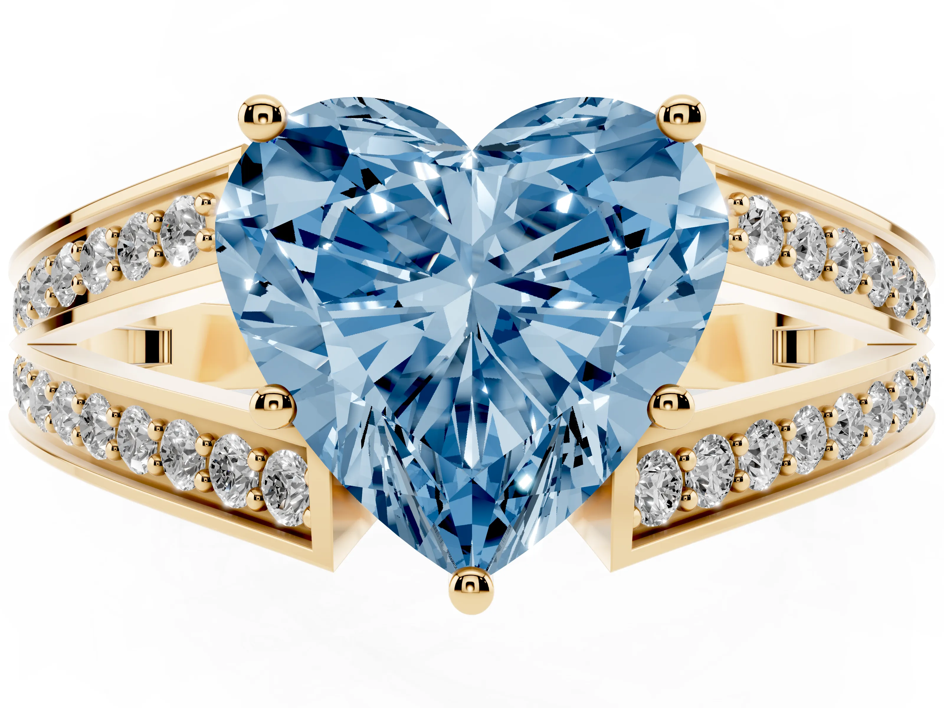 Fancy Blue Heart Cut Diamond Split Shank Ring Set in Yellow gold with Pavé Band and Prong Setting