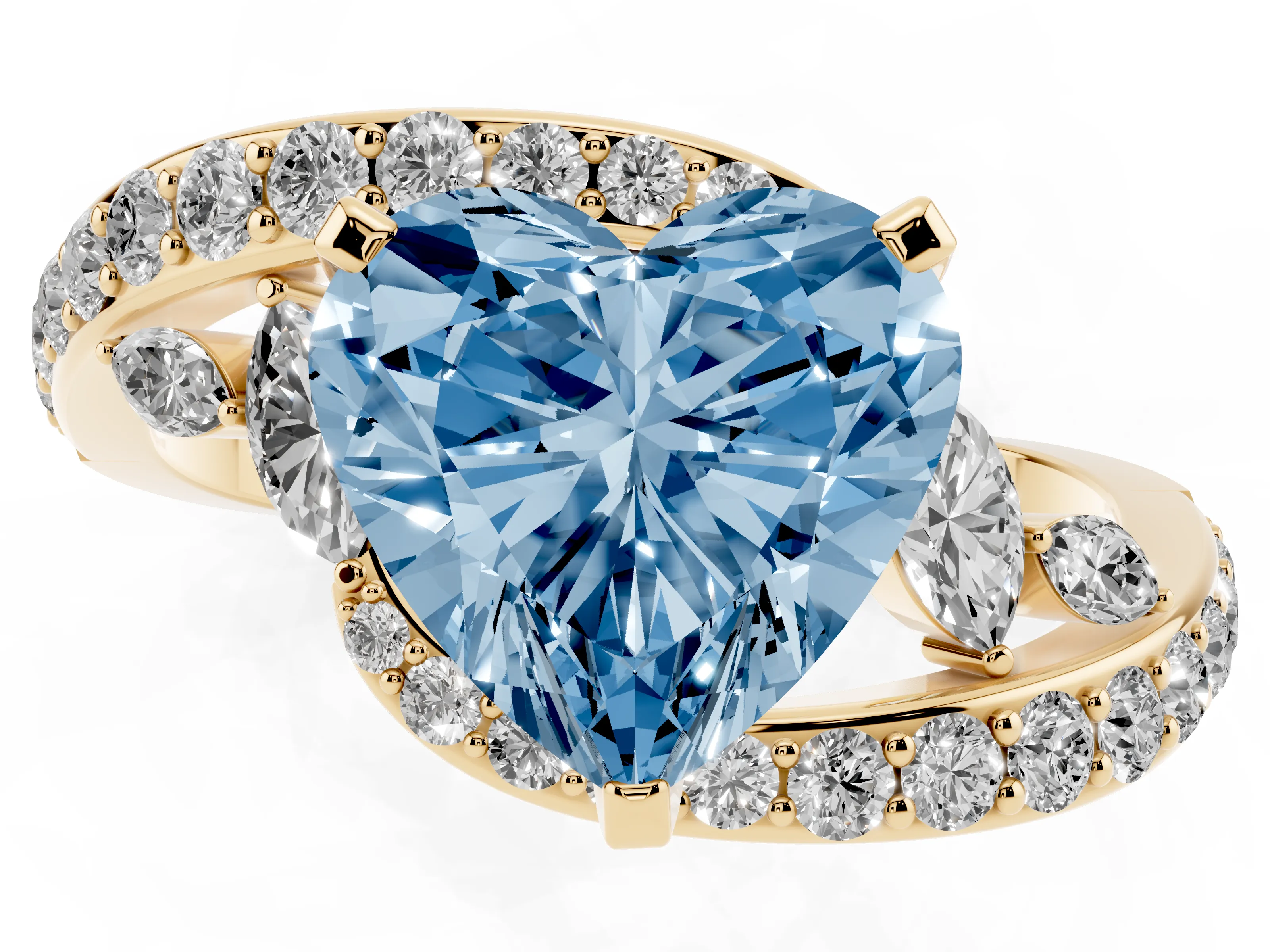 Fancy Blue Heart Cut Diamond Solitaire Ring Set in Yellow gold with Pavé Twist Band and Secure Prong Setting