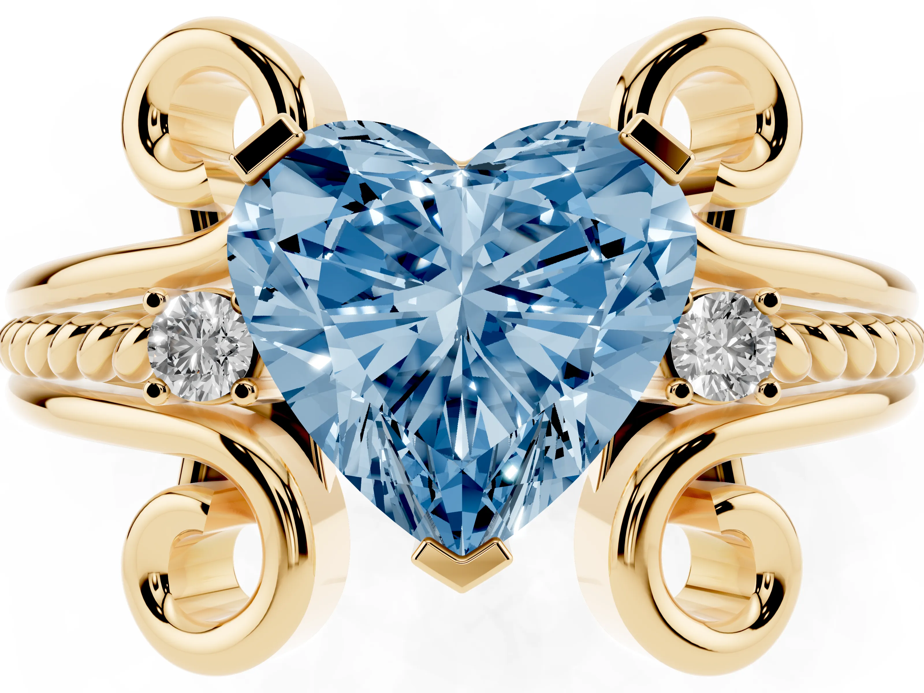 Fancy Blue Heart Cut Diamond Twisted Band Solitaire Ring Set in Yellow gold with Scroll Prongs