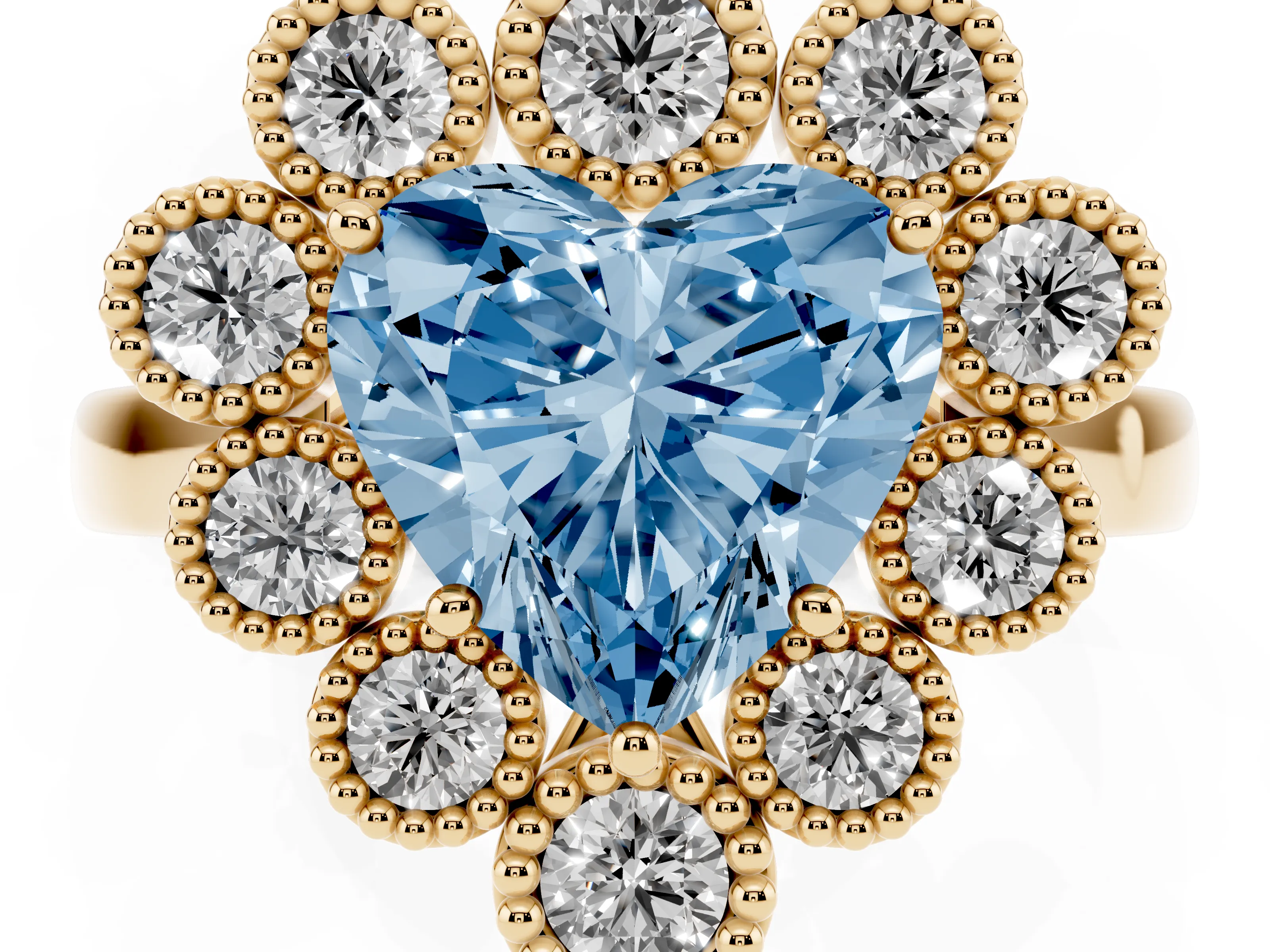 Fancy Blue Heart Cut Diamond Cluster Halo Ring Set in Yellow gold with Milgrain Bezel Accents and Plain Band