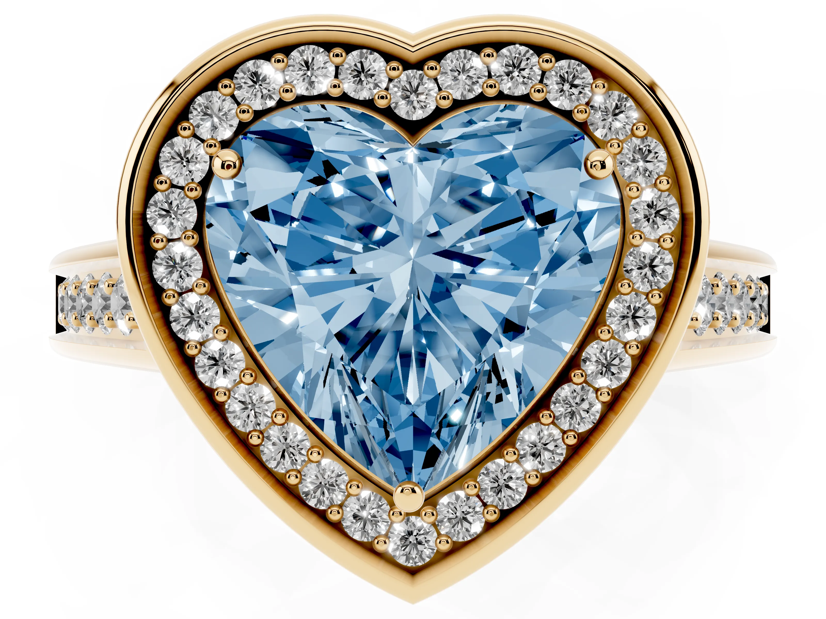 Fancy Blue Heart Cut Diamond Halo Solitaire Ring Set in Yellow gold with Pavé Band and Bezel Setting