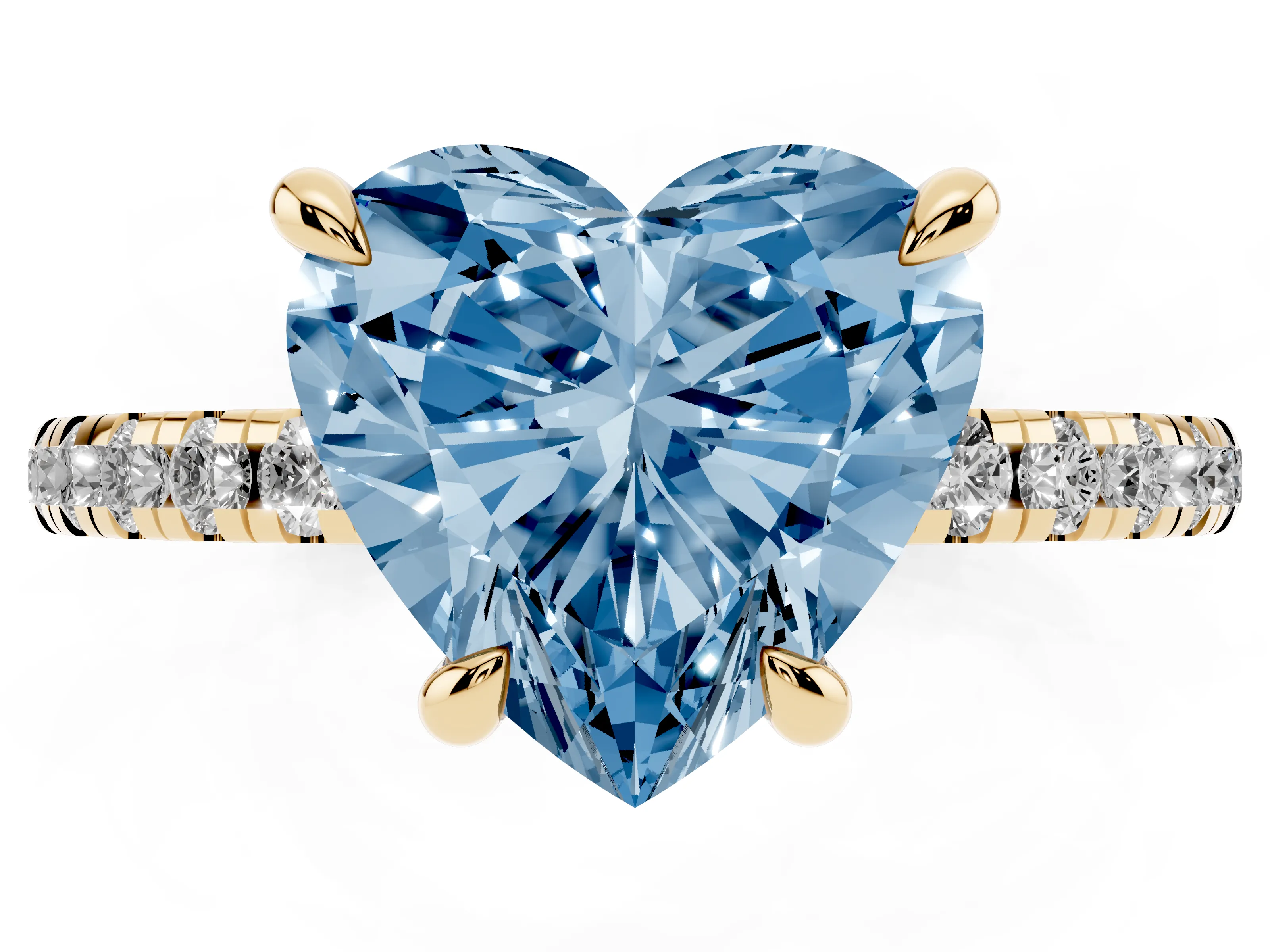 Fancy Blue Heart Cut Diamond Brilliant Solitaire Ring Set in Yellow gold with Pavé Band and Prong Setting