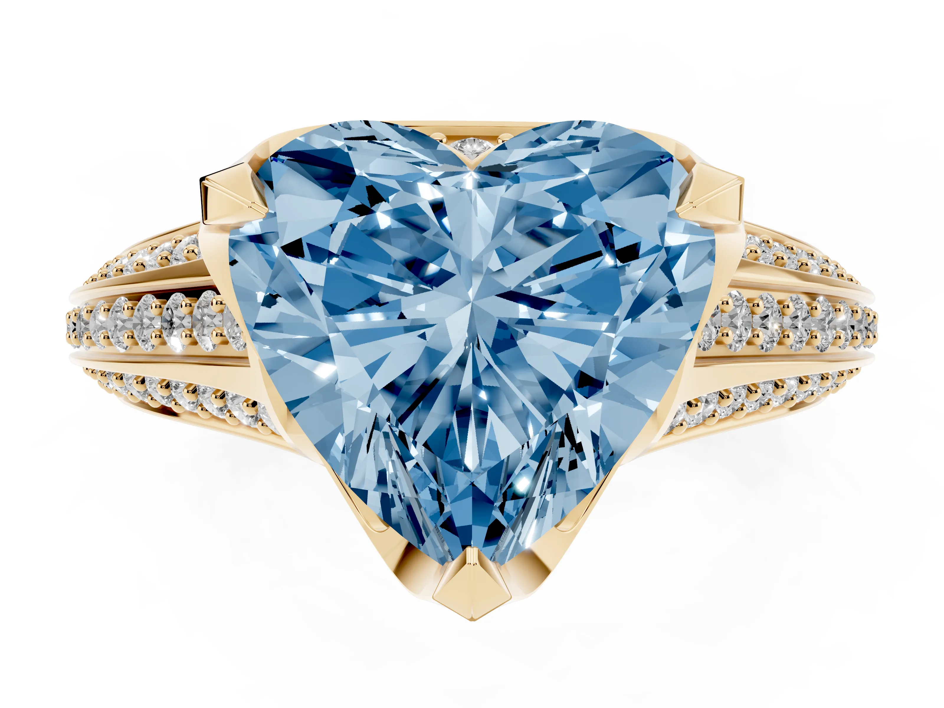 Fancy Blue Heart Cut Diamond Pavé Split Shank Solitaire Ring Set in Yellow gold with Prong Setting