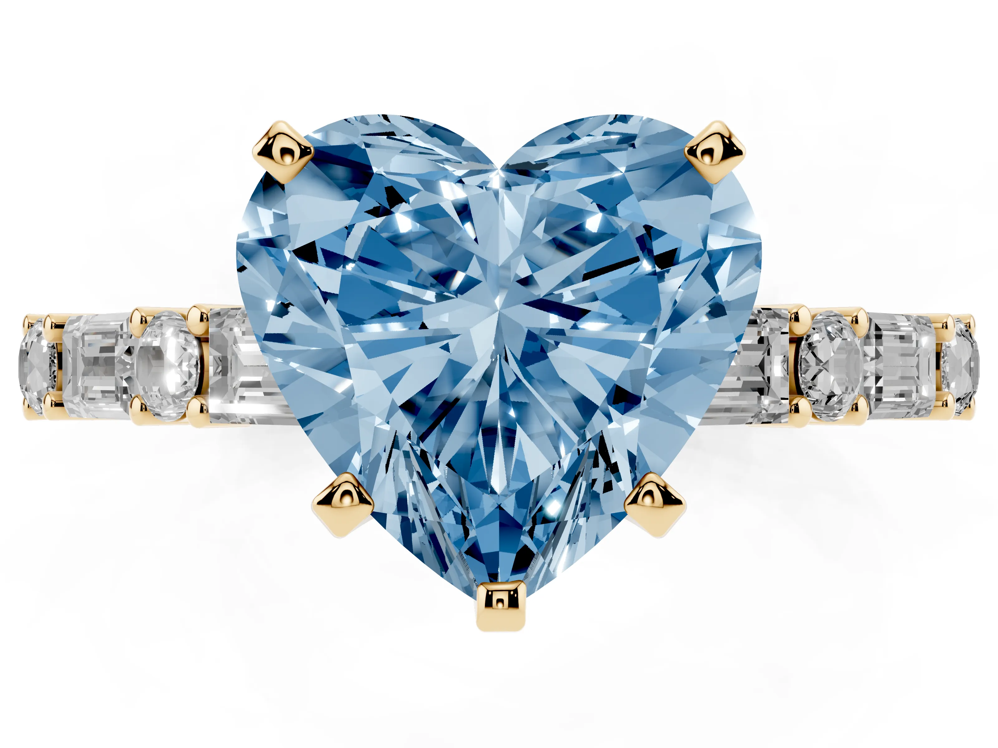 Fancy Blue Heart Cut Diamond Solitaire Set in Yellow gold with Side Baguettes and Channel Set Band
