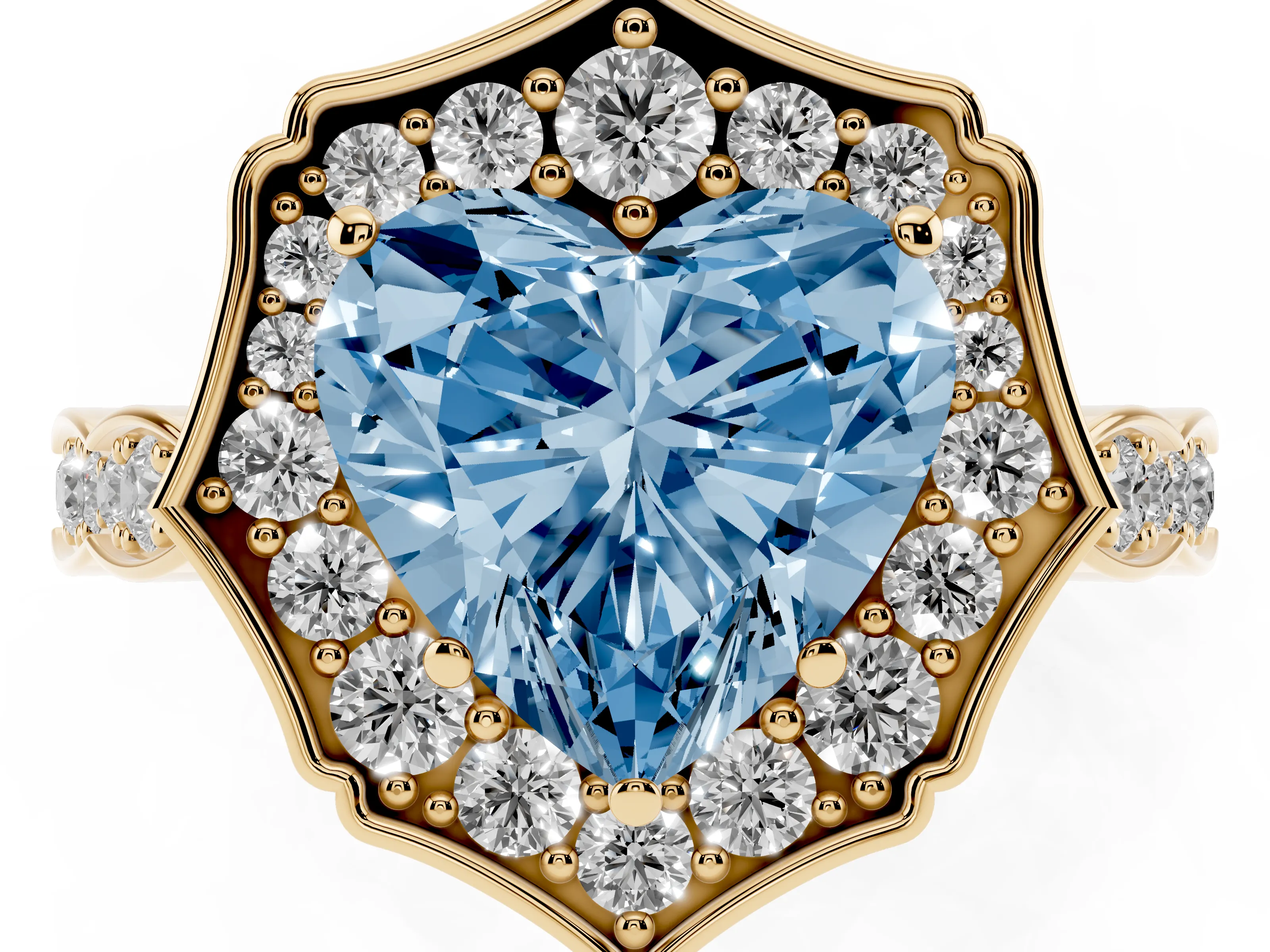Fancy Blue Heart Cut Diamond Halo Engagement Ring Set in Yellow gold with Milgrain Band and Prong Setting