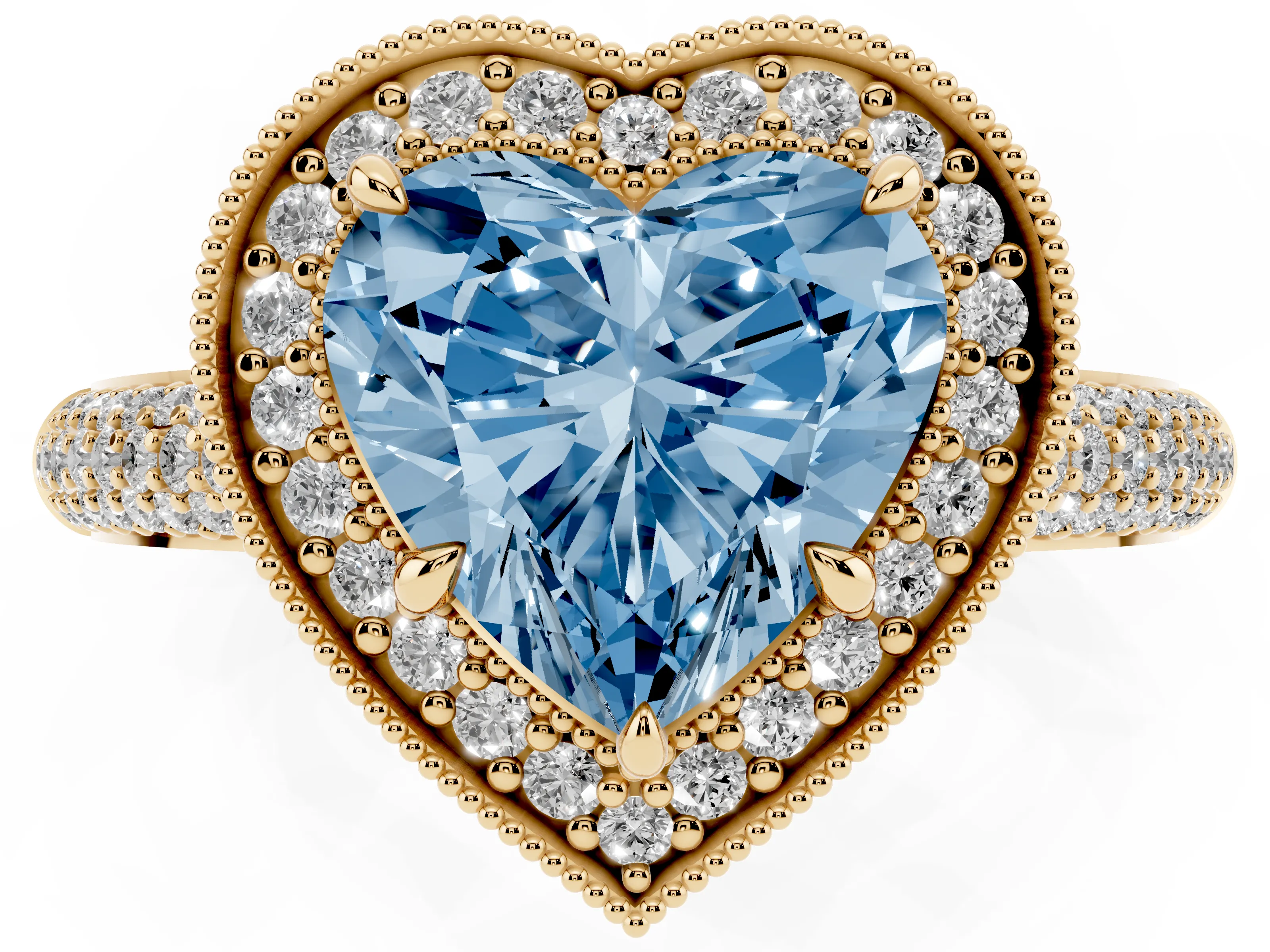 Fancy Blue Heart Cut Diamond Halo Pavé Band Set in Yellow gold with Prong Setting
