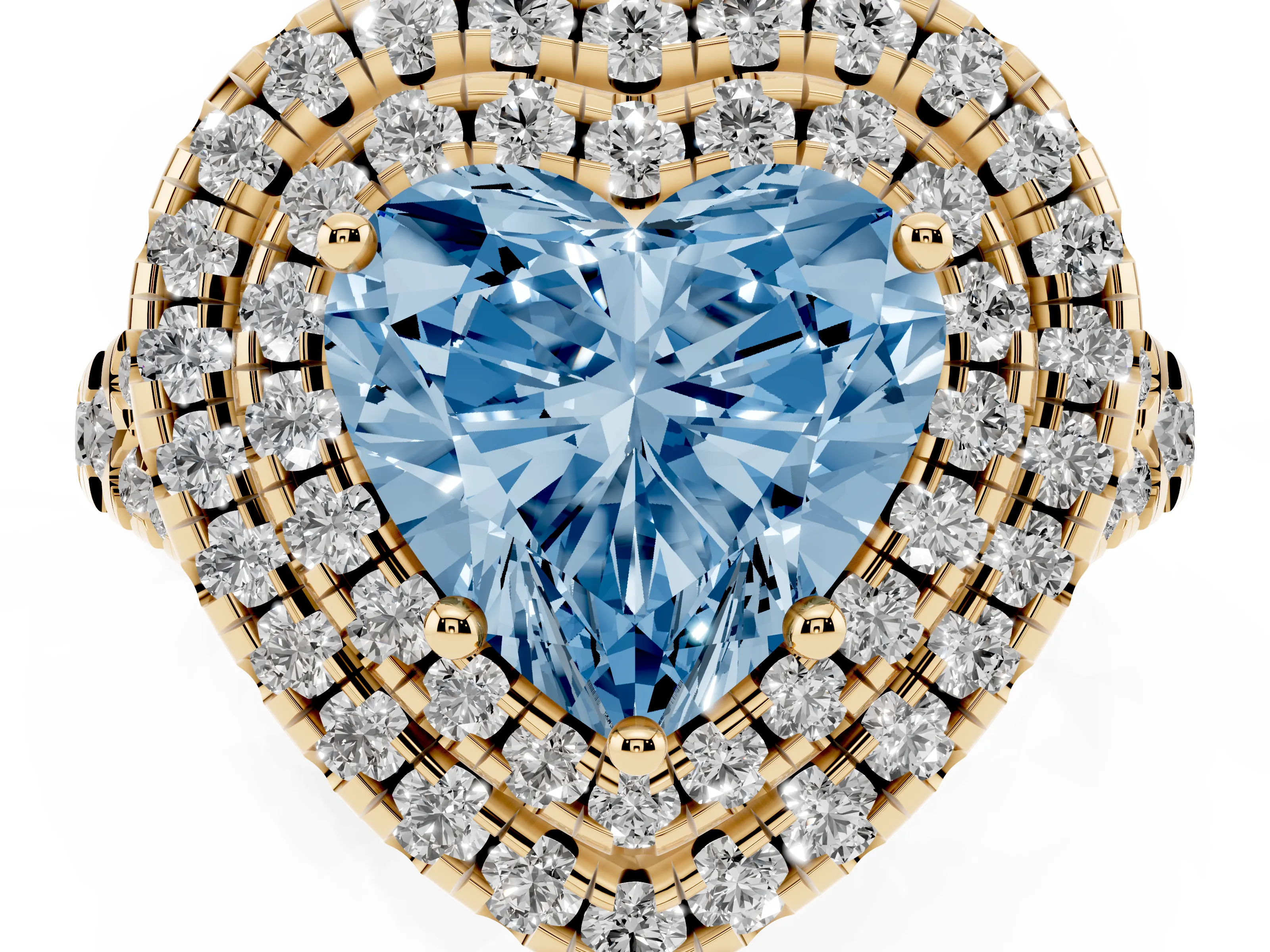 Fancy Blue Heart Cut Diamond Double Halo Ring Set in Yellow gold with Pavé Split Shank and Prong Setting